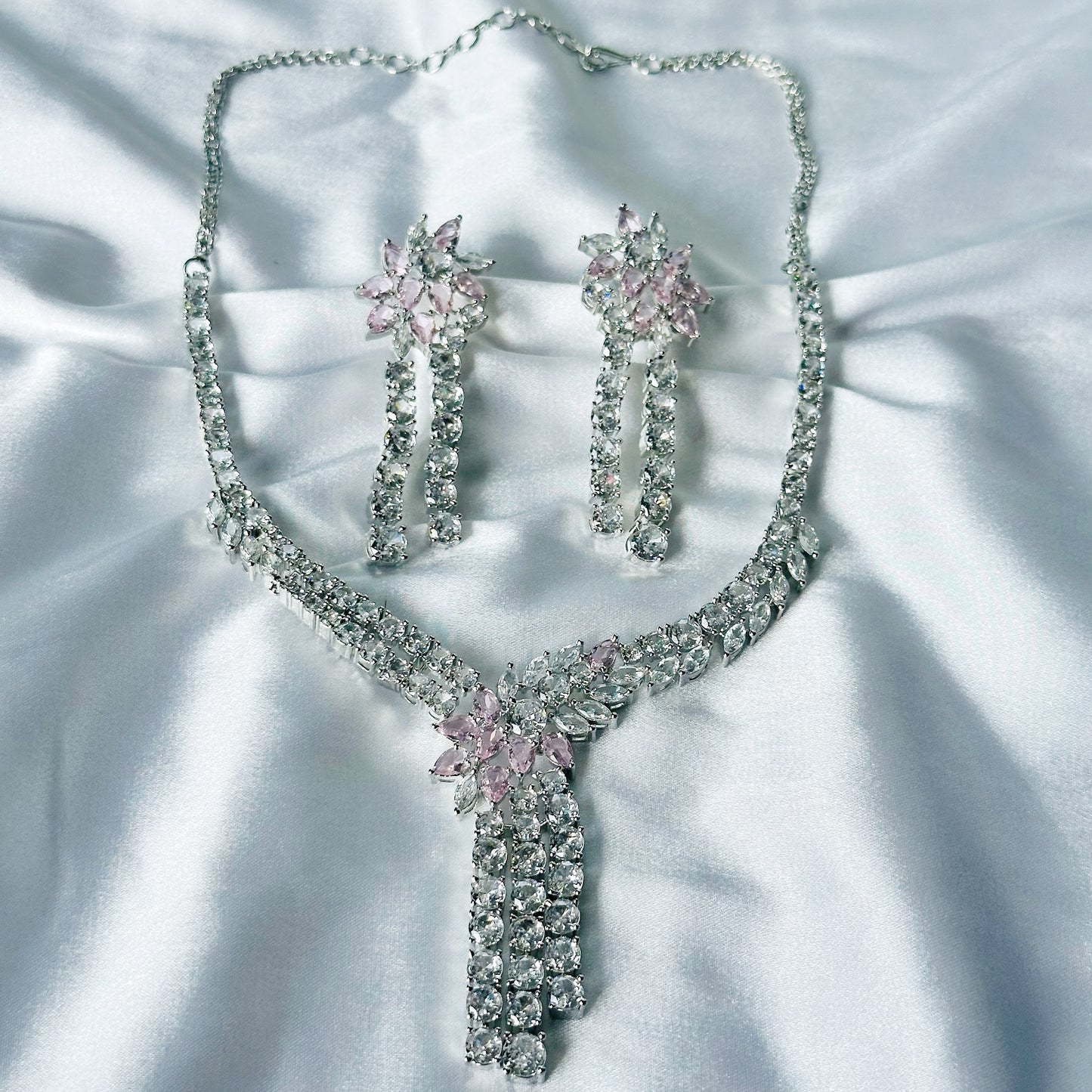 Pink Topaz Cubic Zircon Stones American Diamond Silver Plated Necklace Set