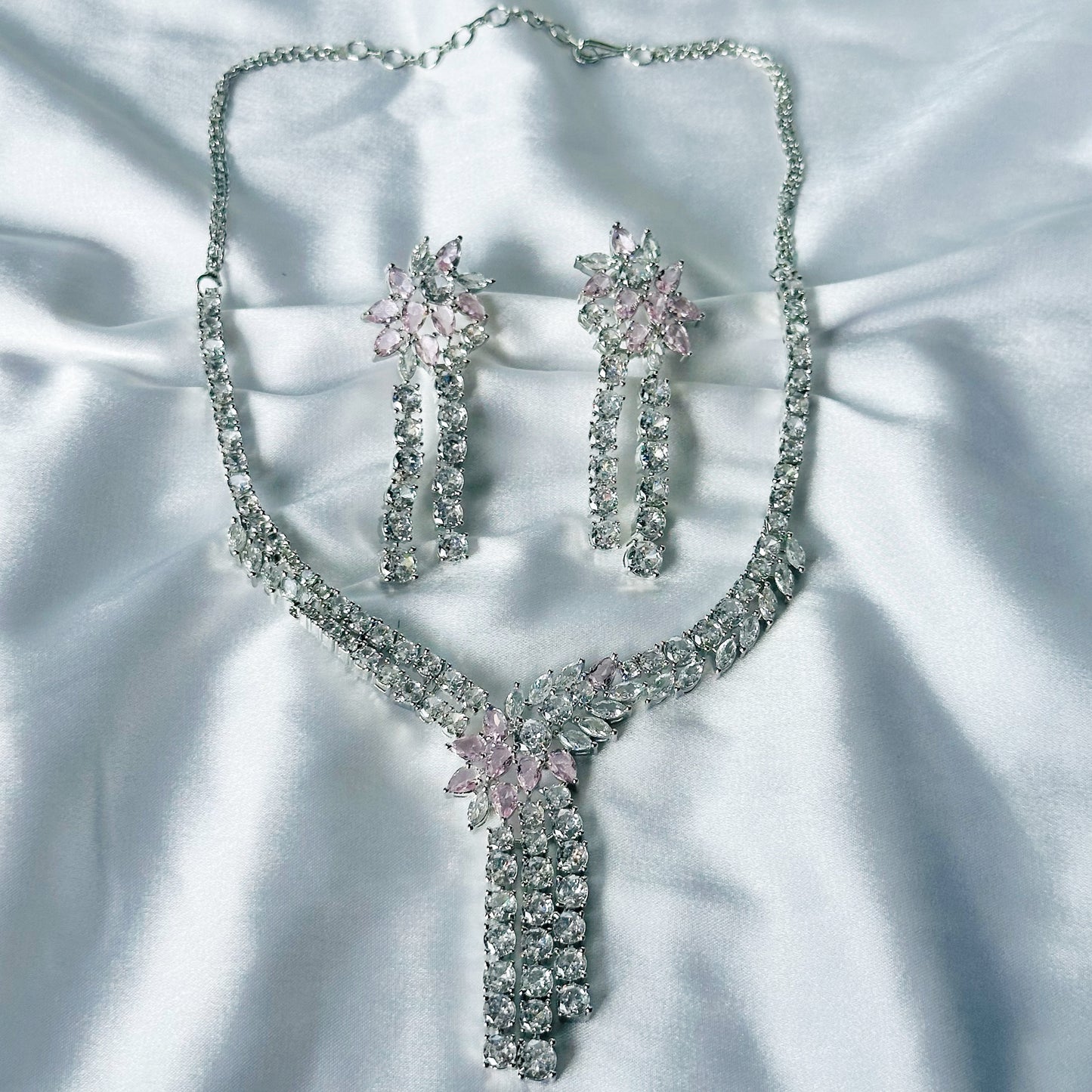 Pink Topaz Cubic Zircon Stones American Diamond Silver Plated Necklace Set