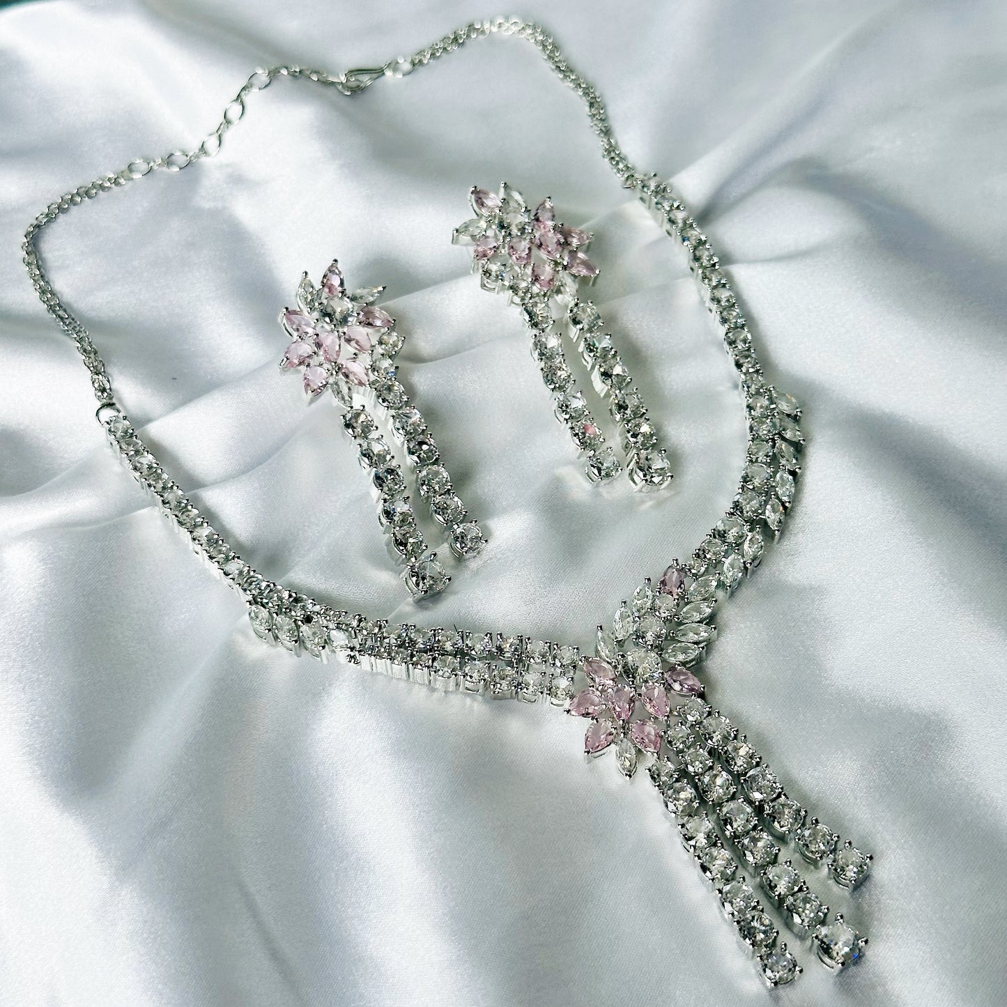 Pink Topaz Cubic Zircon Stones American Diamond Silver Plated Necklace Set