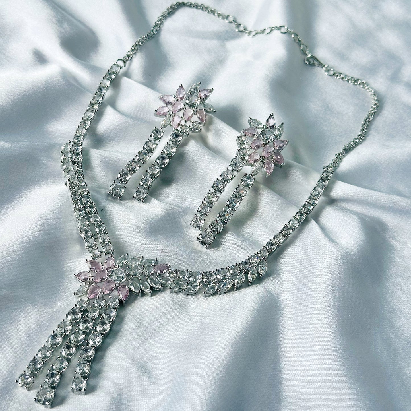 Pink Topaz Cubic Zircon Stones American Diamond Silver Plated Necklace Set