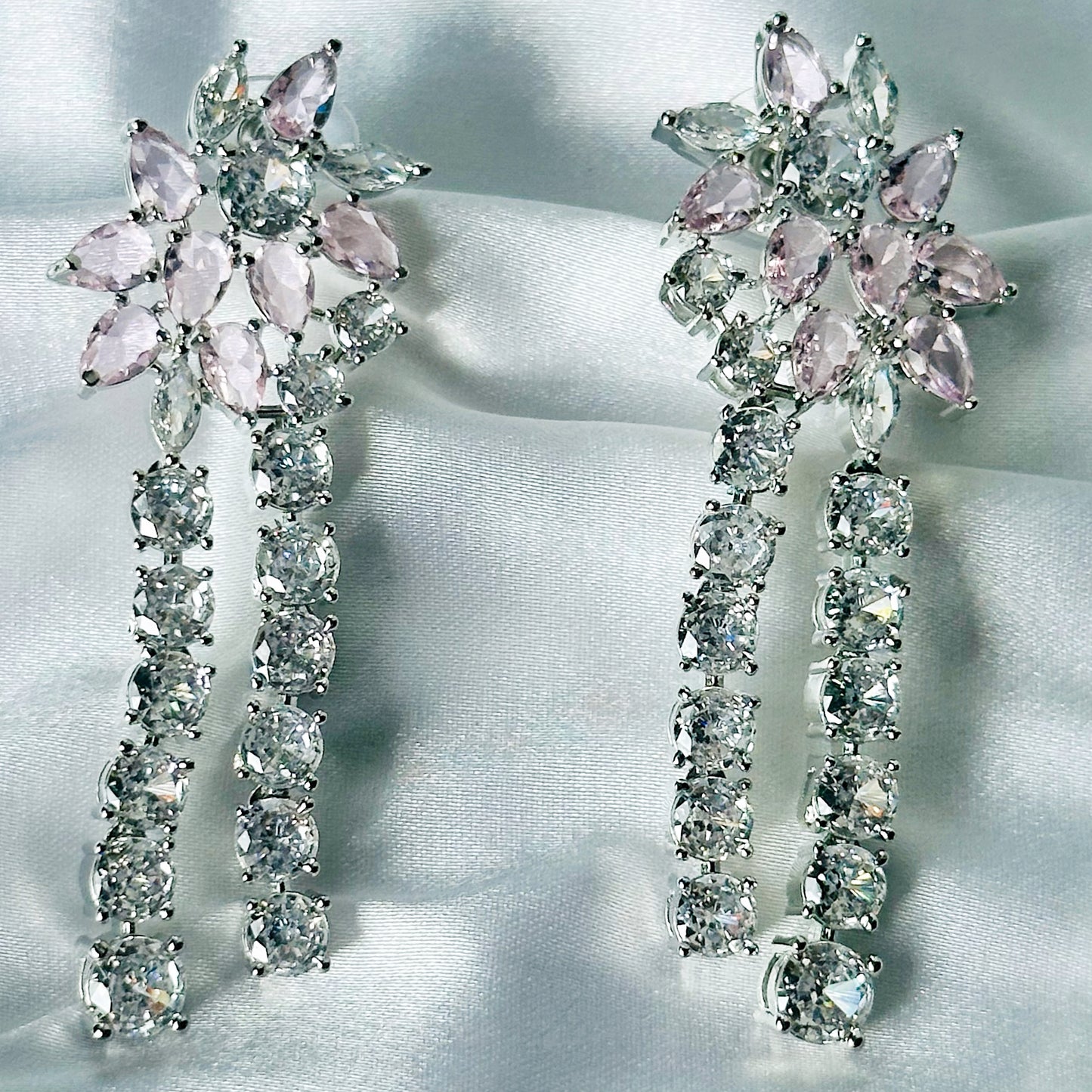 Pink Topaz Cubic Zircon Stones American Diamond Silver Plated Necklace Set
