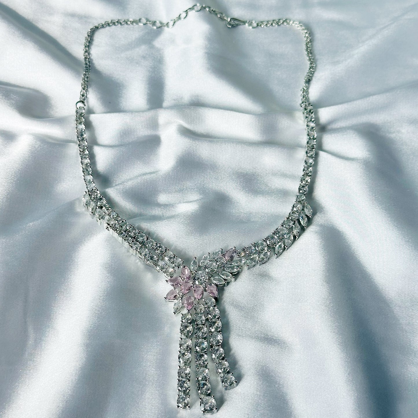 Pink Topaz Cubic Zircon Stones American Diamond Silver Plated Necklace Set