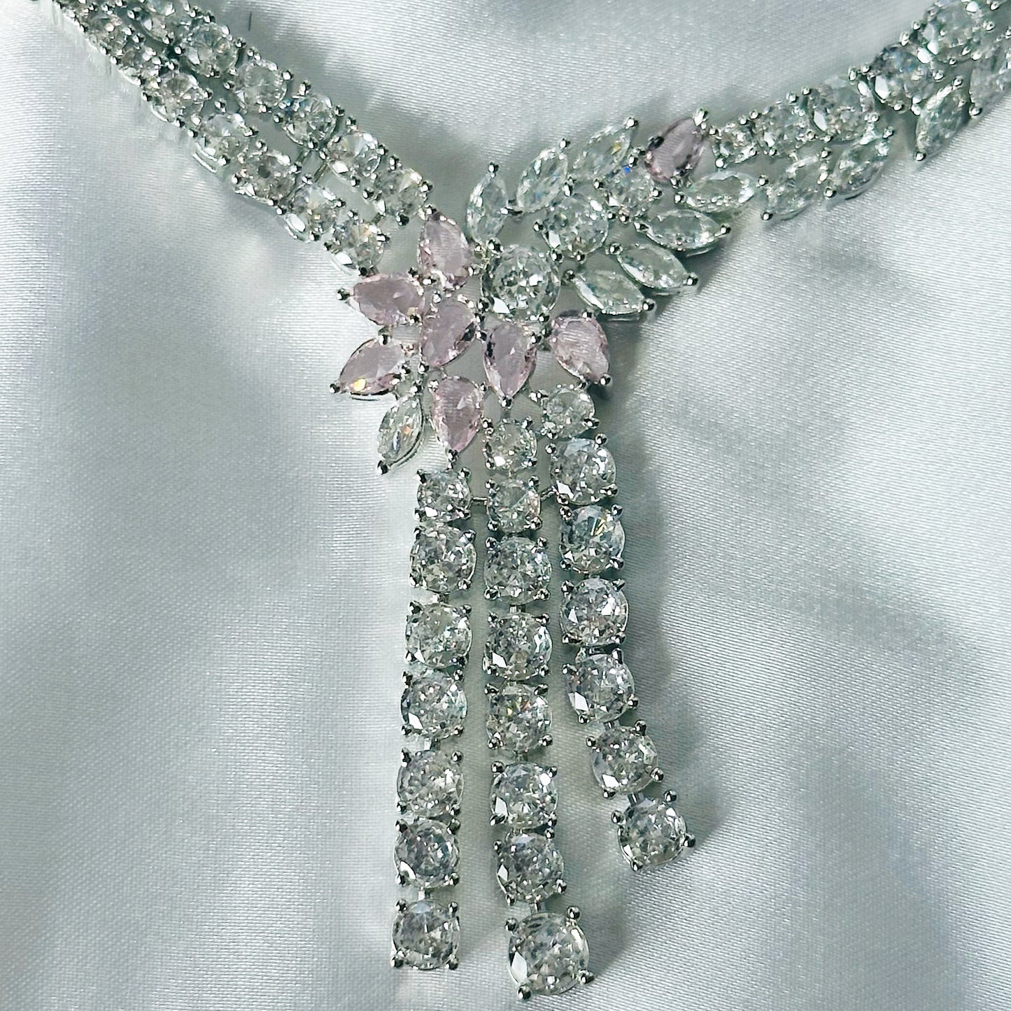 Pink Topaz Cubic Zircon Stones American Diamond Silver Plated Necklace Set