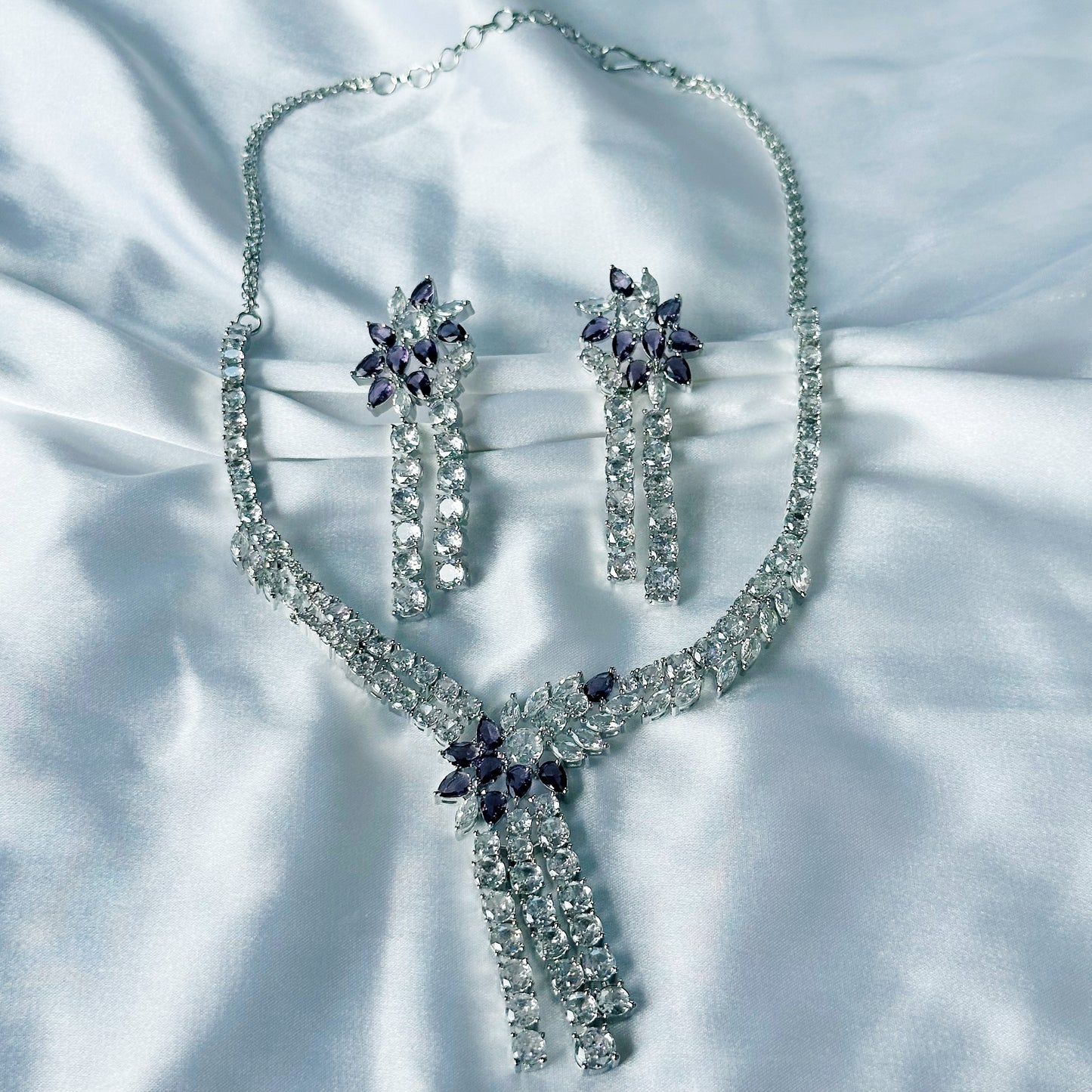 Deep Purple Amethyst Cubic Zircon Stones American Diamond Silver Plated Necklace Set