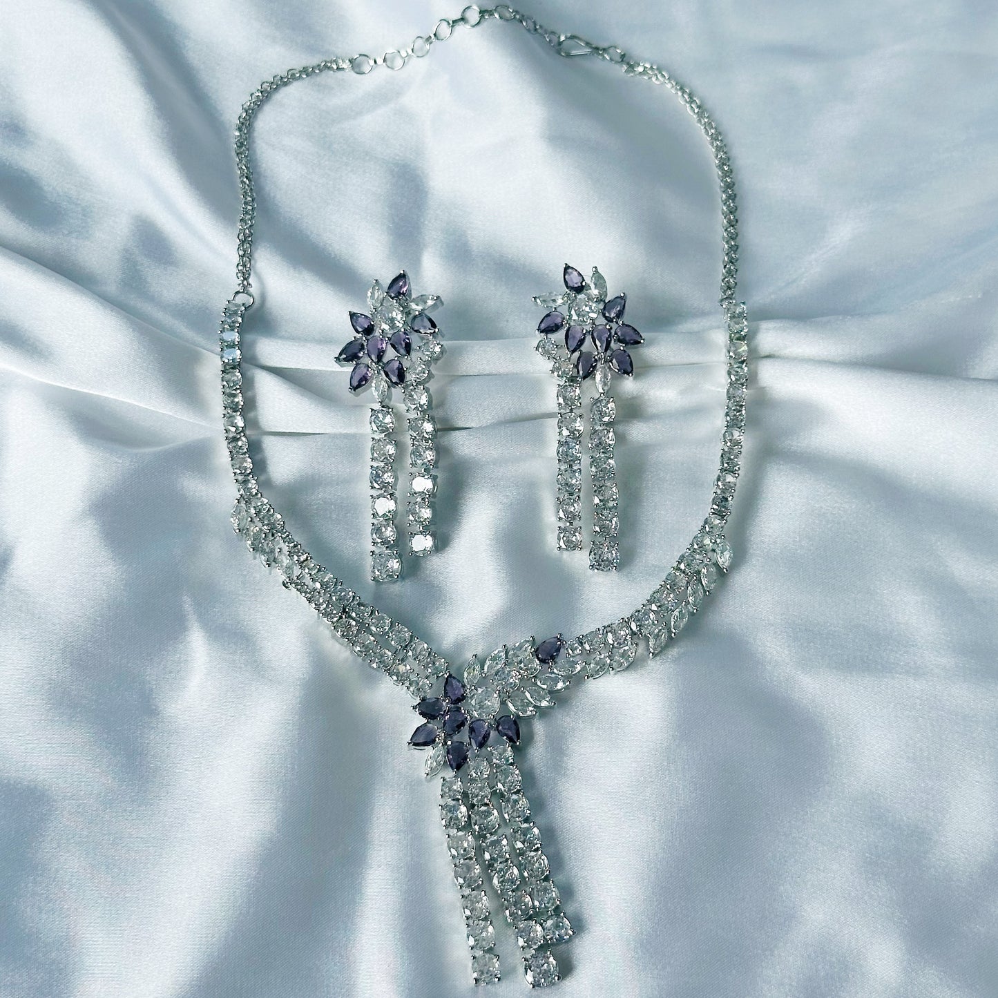 Deep Purple Amethyst Cubic Zircon Stones American Diamond Silver Plated Necklace Set