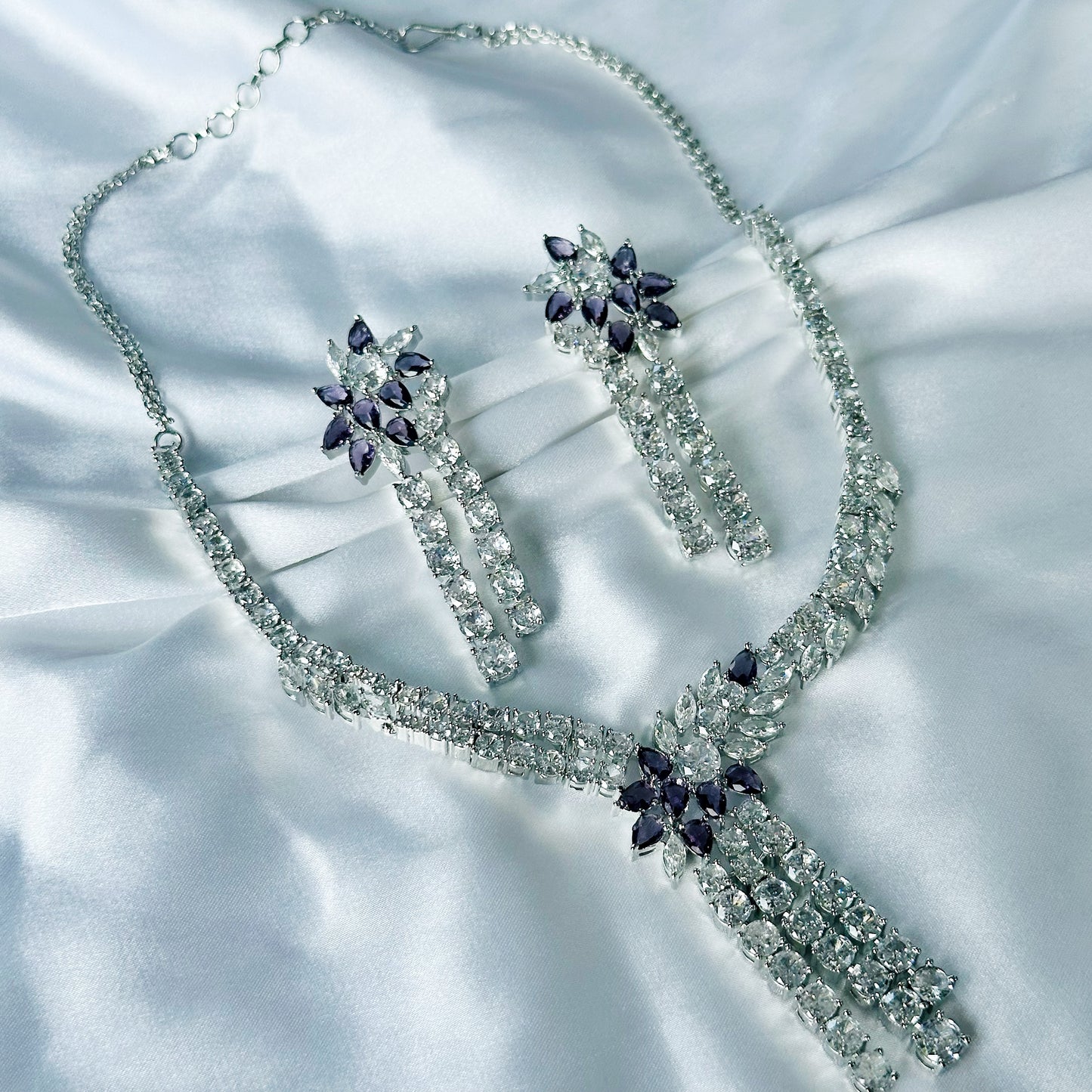 Deep Purple Amethyst Cubic Zircon Stones American Diamond Silver Plated Necklace Set