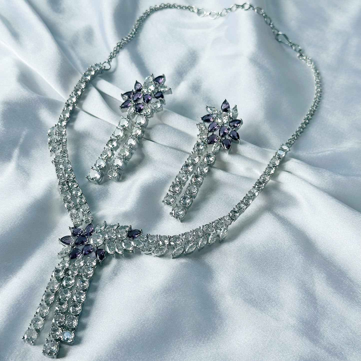 Deep Purple Amethyst Cubic Zircon Stones American Diamond Silver Plated Necklace Set