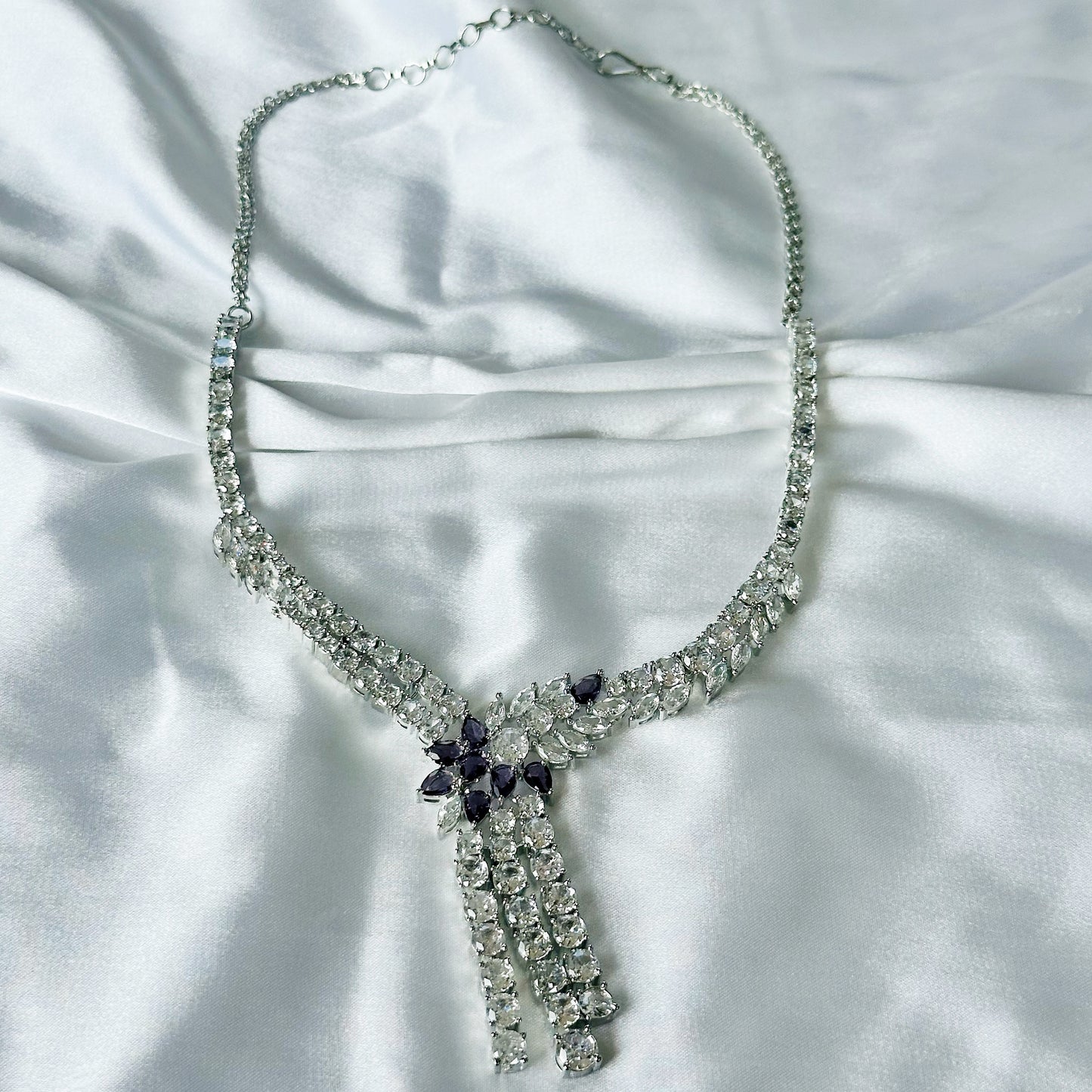 Deep Purple Amethyst Cubic Zircon Stones American Diamond Silver Plated Necklace Set