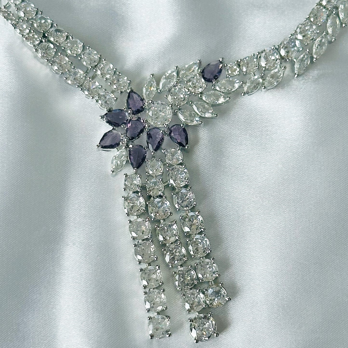 Deep Purple Amethyst Cubic Zircon Stones American Diamond Silver Plated Necklace Set