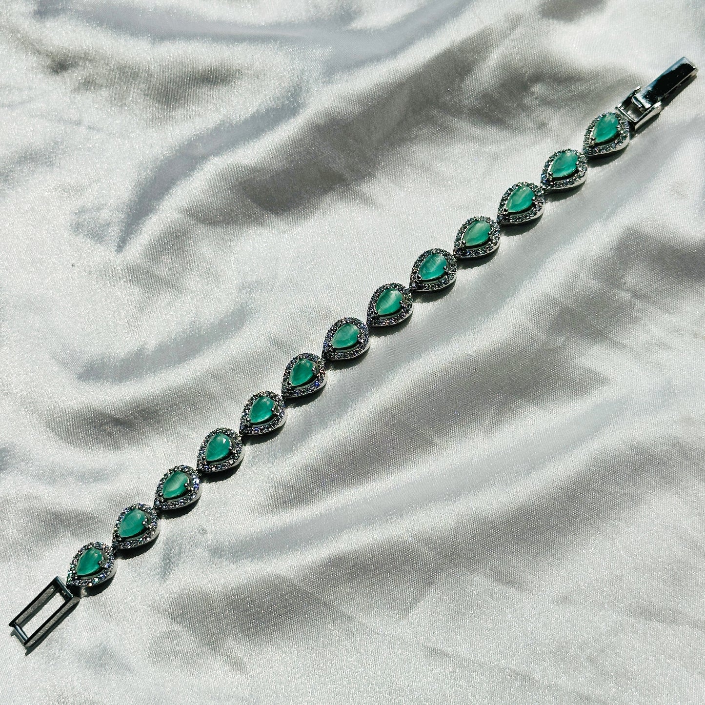 Mint Green Opal Zircon American Diamond Silver Plated Chain Bracelet