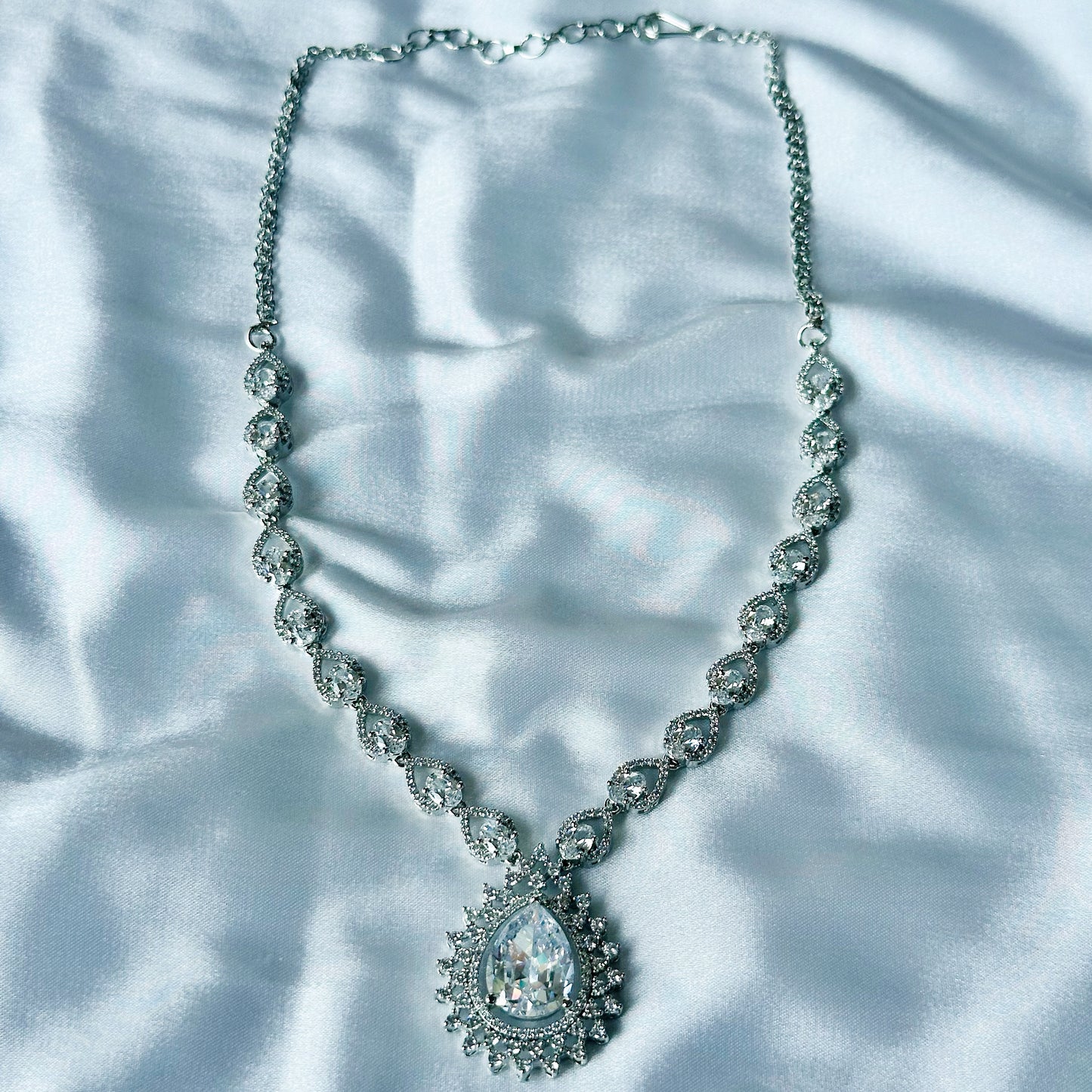 Solitaire Cubic Zircon American Diamond Silver Plated Necklace Set