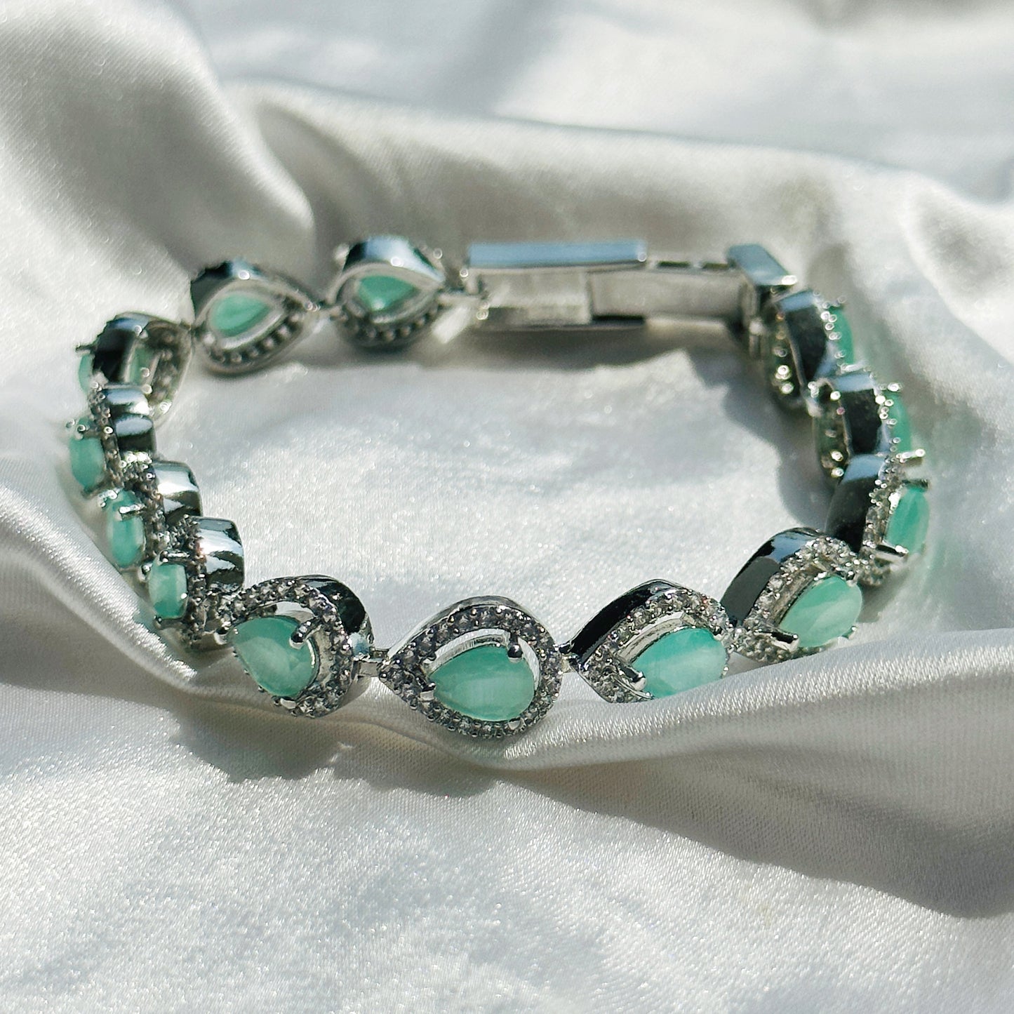 Mint Green Opal Zircon American Diamond Silver Plated Chain Bracelet