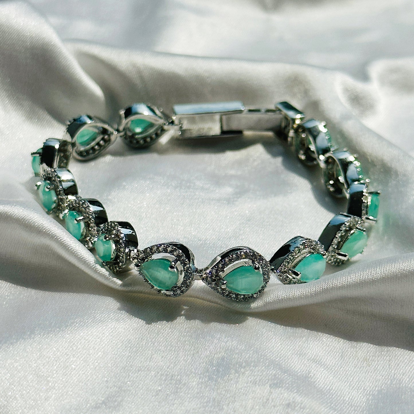 Mint Green Opal Zircon American Diamond Silver Plated Chain Bracelet