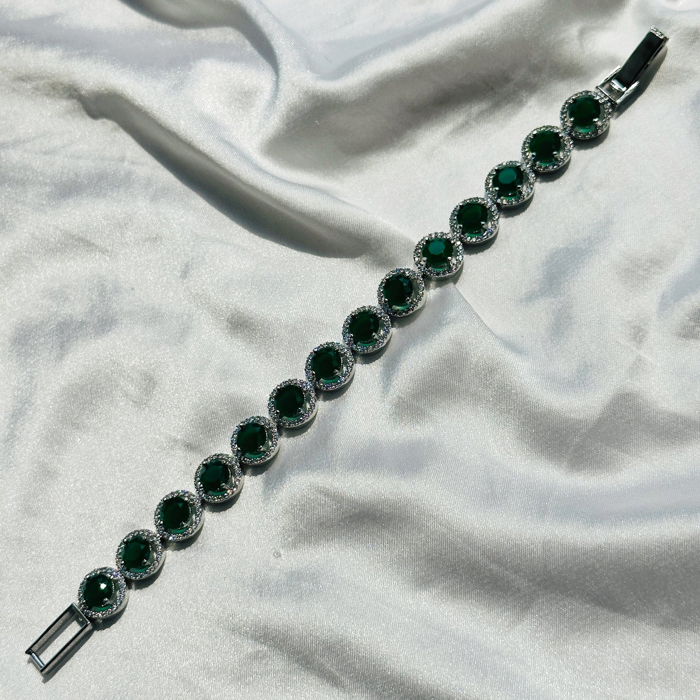 Green Emerald Zircon American Diamond Silver Plated Chain Bracelet