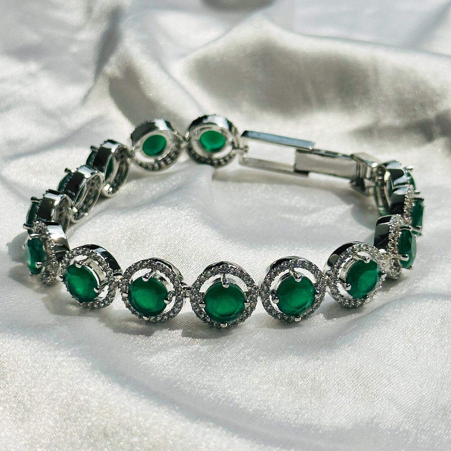 Green Emerald Zircon American Diamond Silver Plated Chain Bracelet