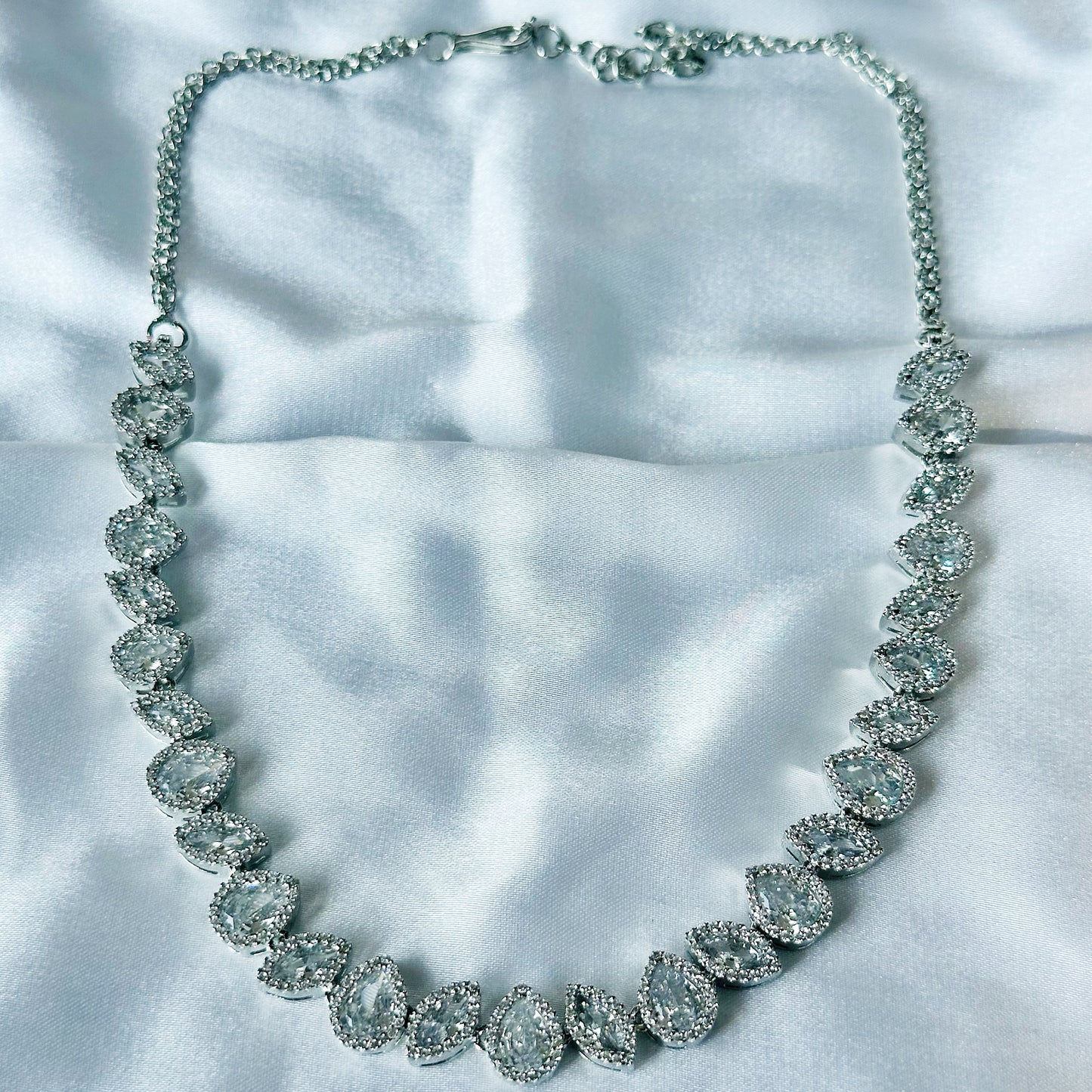 Solitaire Cubic Zircon American Diamond Silver Plated Necklace Set