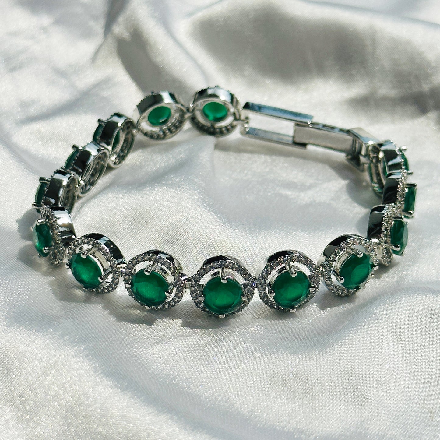 Green Emerald Zircon American Diamond Silver Plated Chain Bracelet