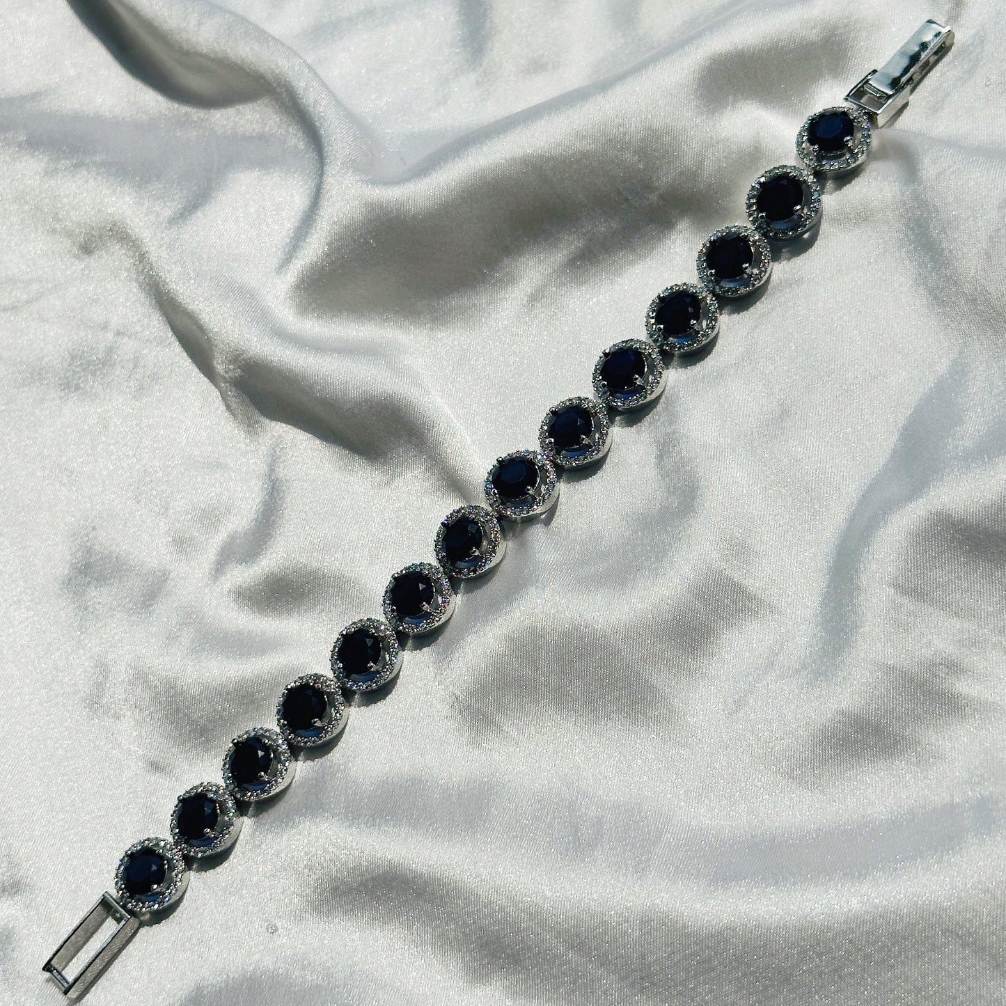 Blue Sapphire Zircon American Diamond Silver Plated Chain Bracelet