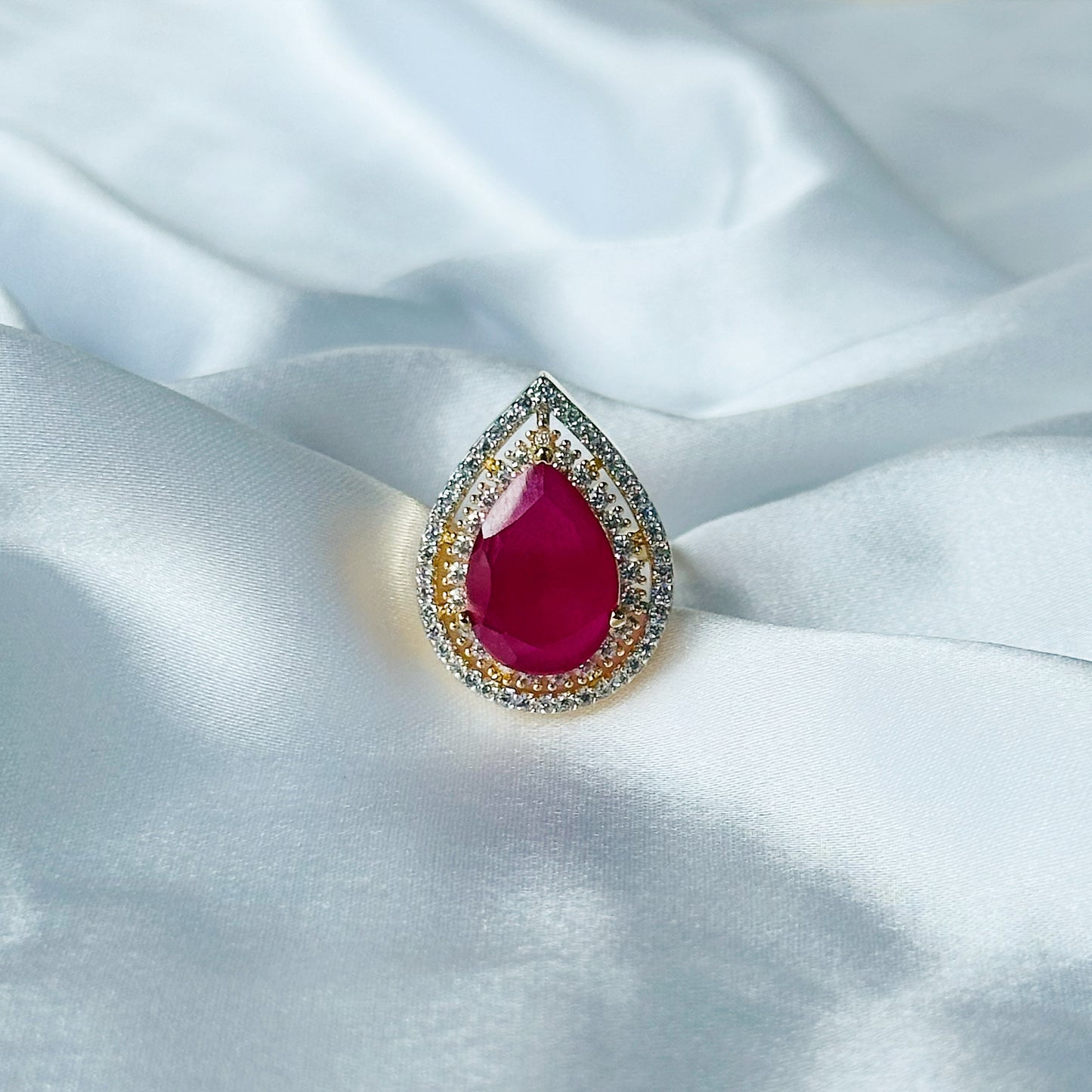 Red Ruby Zircon American Diamond Gold Plated Adjustable Ring