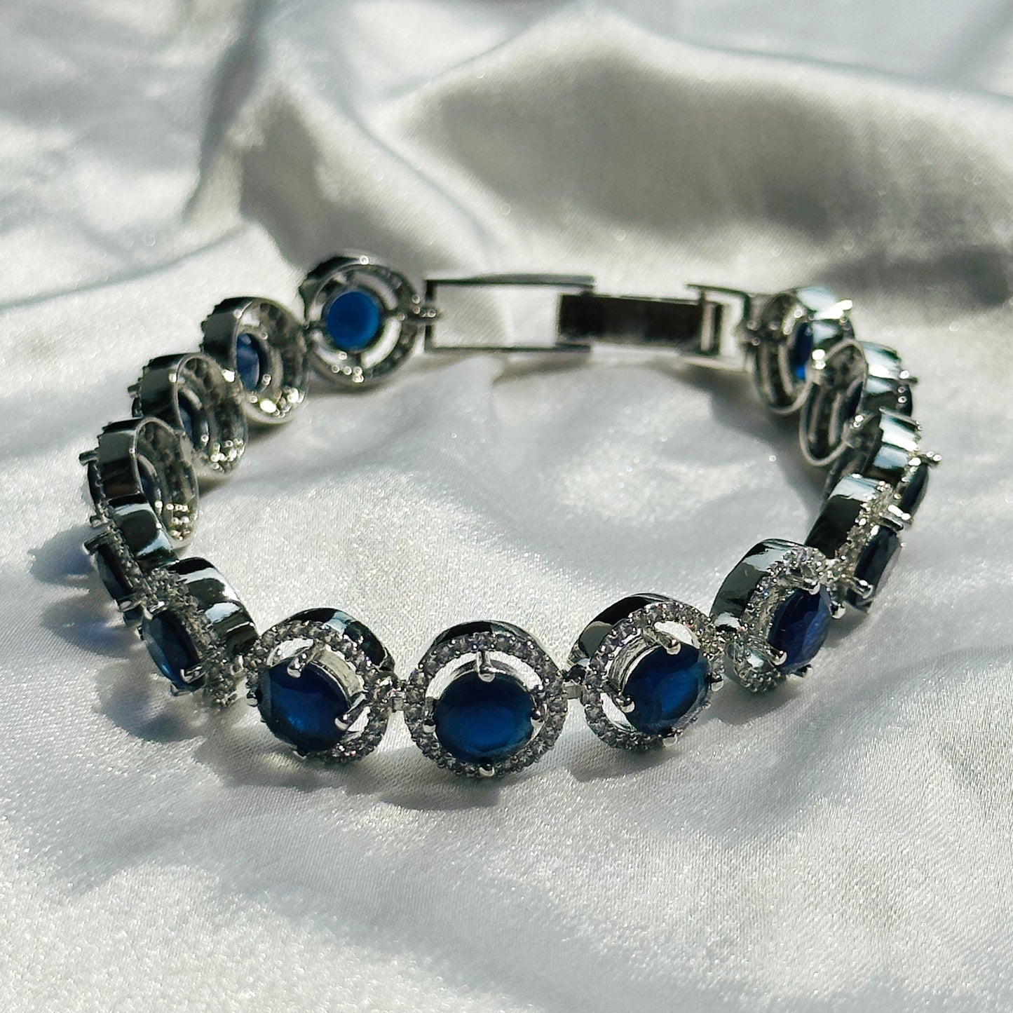 Blue Sapphire Zircon American Diamond Silver Plated Chain Bracelet