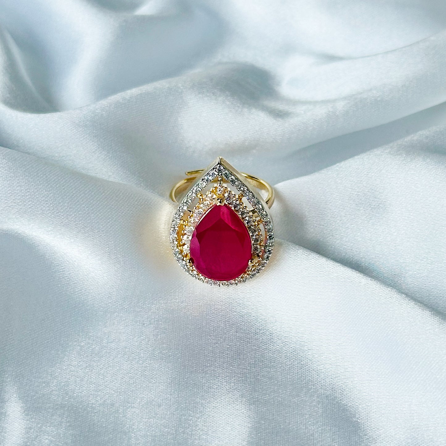 Red Ruby Zircon American Diamond Gold Plated Adjustable Ring