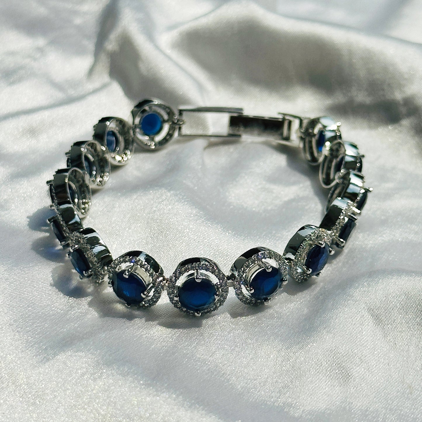 Blue Sapphire Zircon American Diamond Silver Plated Chain Bracelet