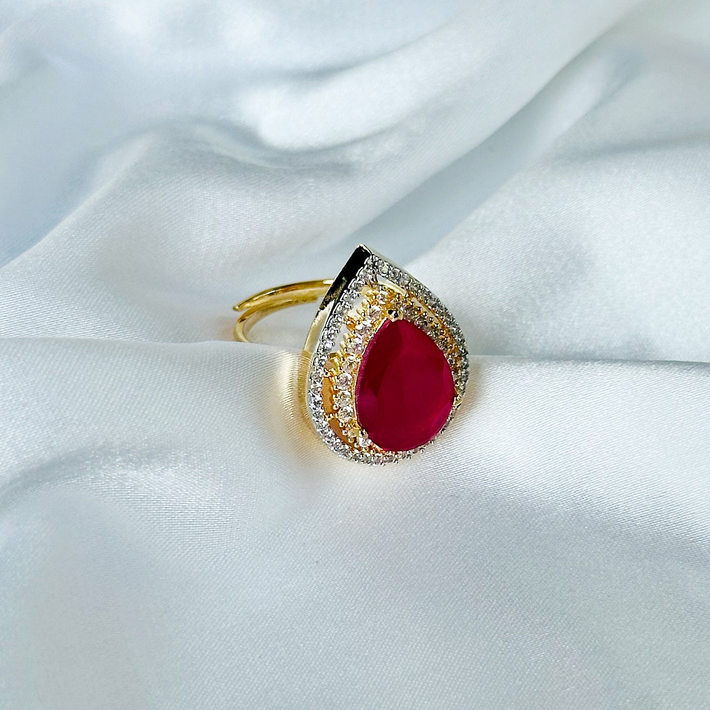 Red Ruby Zircon American Diamond Gold Plated Adjustable Ring