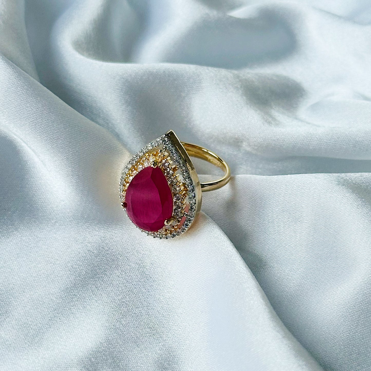 Red Ruby Zircon American Diamond Gold Plated Adjustable Ring