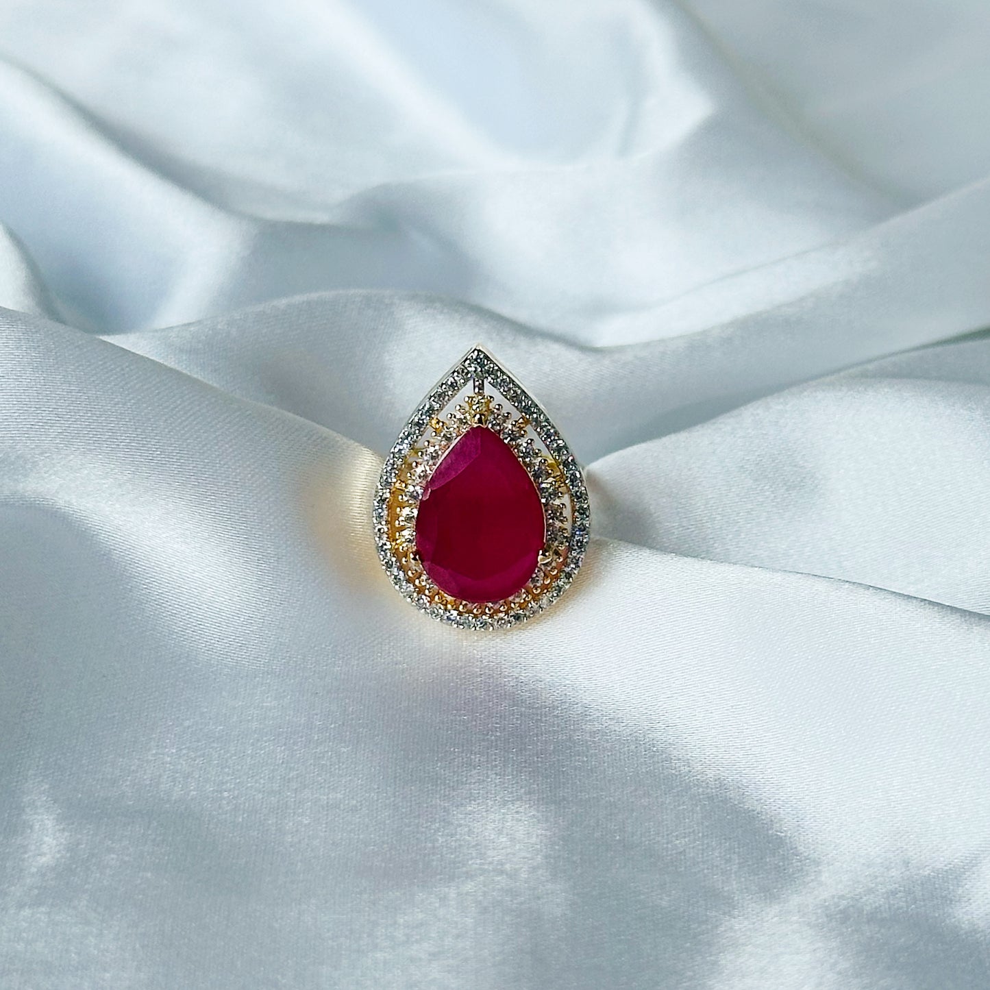 Red Ruby Cubic Zirconia American Diamond Gold Plated Adjustable Ring