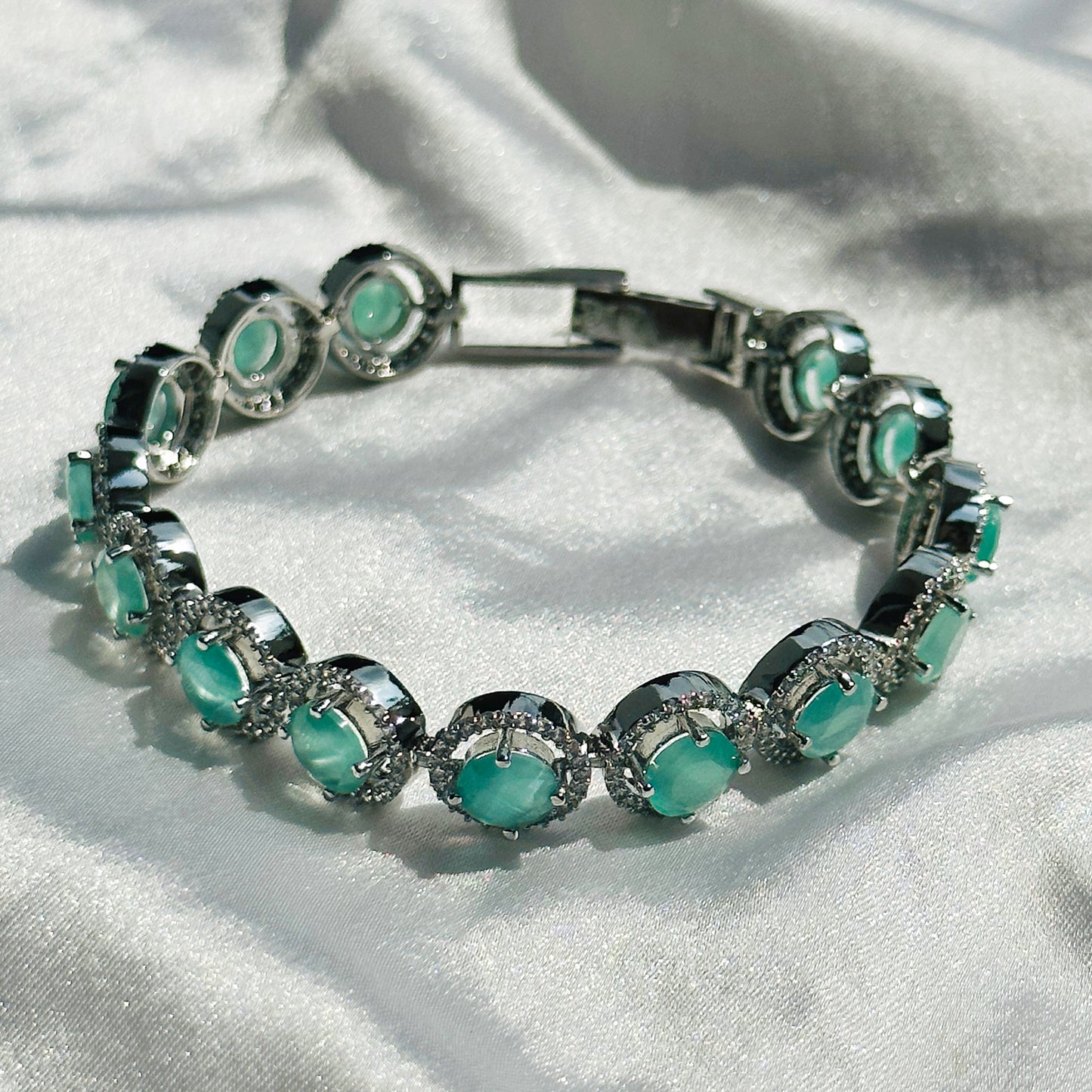 Mint Green Topaz Cubic Zirconia American Diamond Silver Plated Bracelet