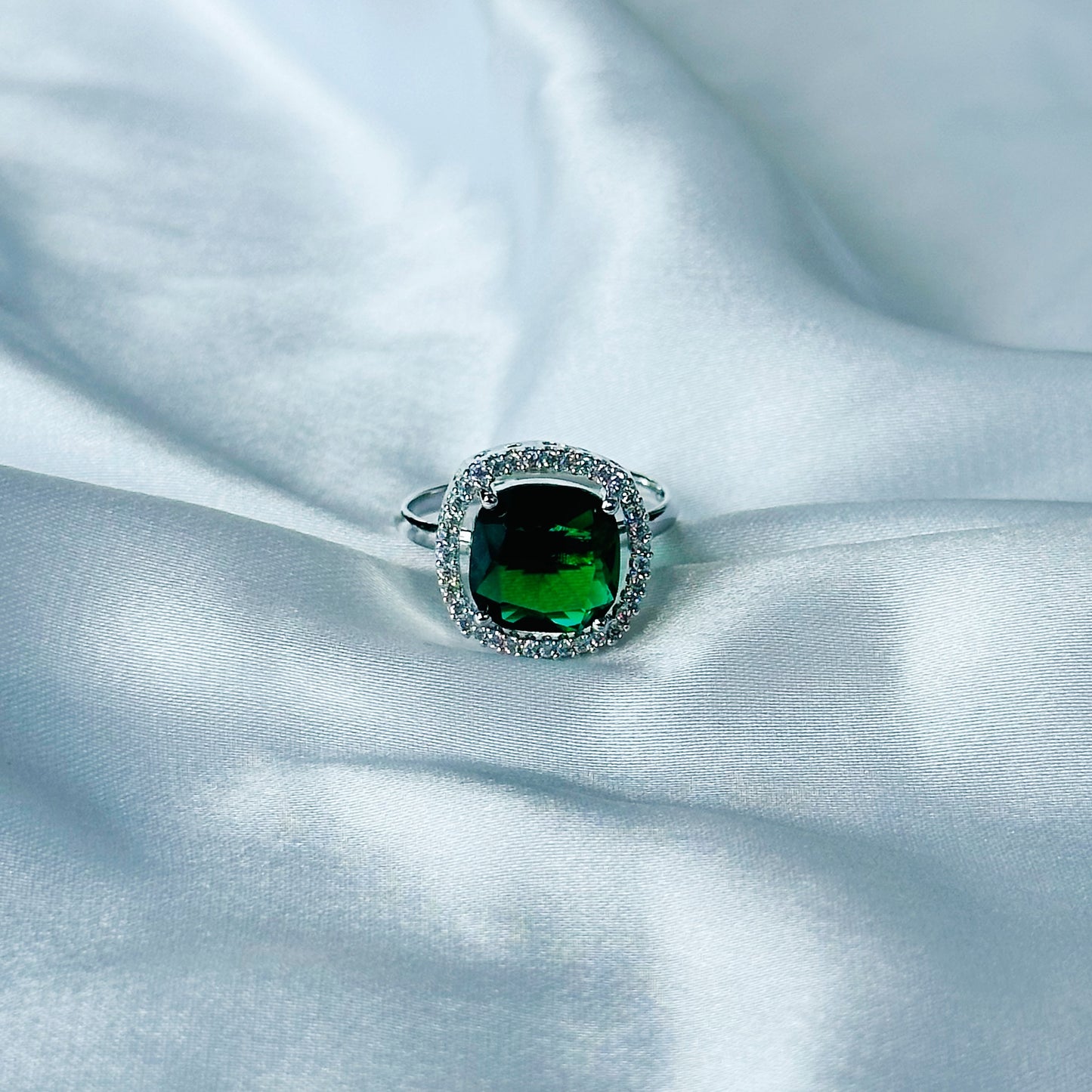 Green Emerald Cubic Zircon Stone American Diamond Silver Plated Adjustable Ring
