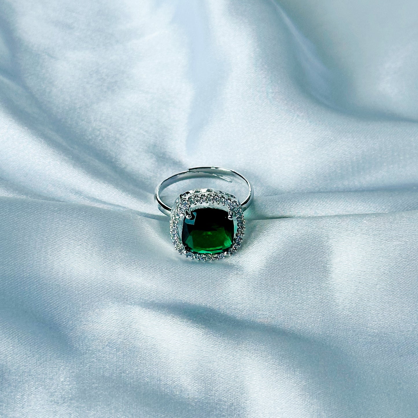 Green Emerald Cubic Zircon Stone American Diamond Silver Plated Adjustable Ring