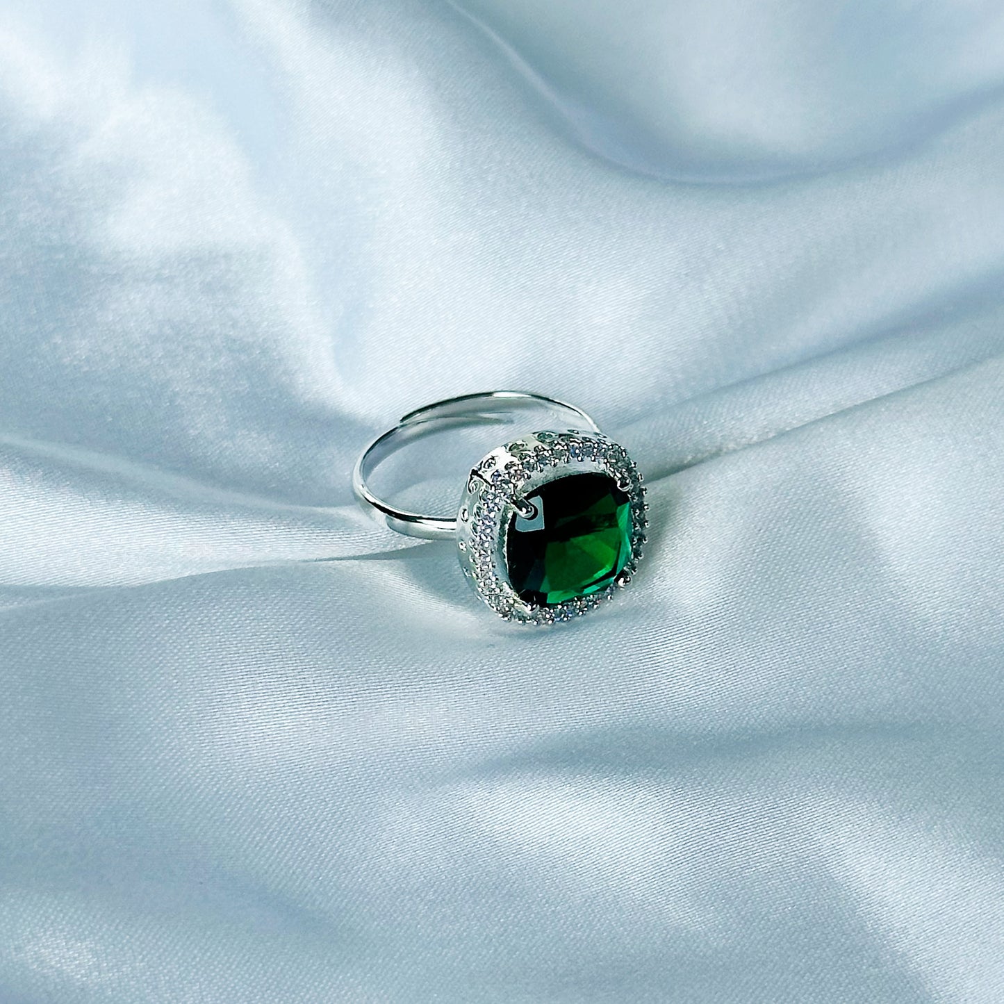Green Emerald Cubic Zircon Stone American Diamond Silver Plated Adjustable Ring