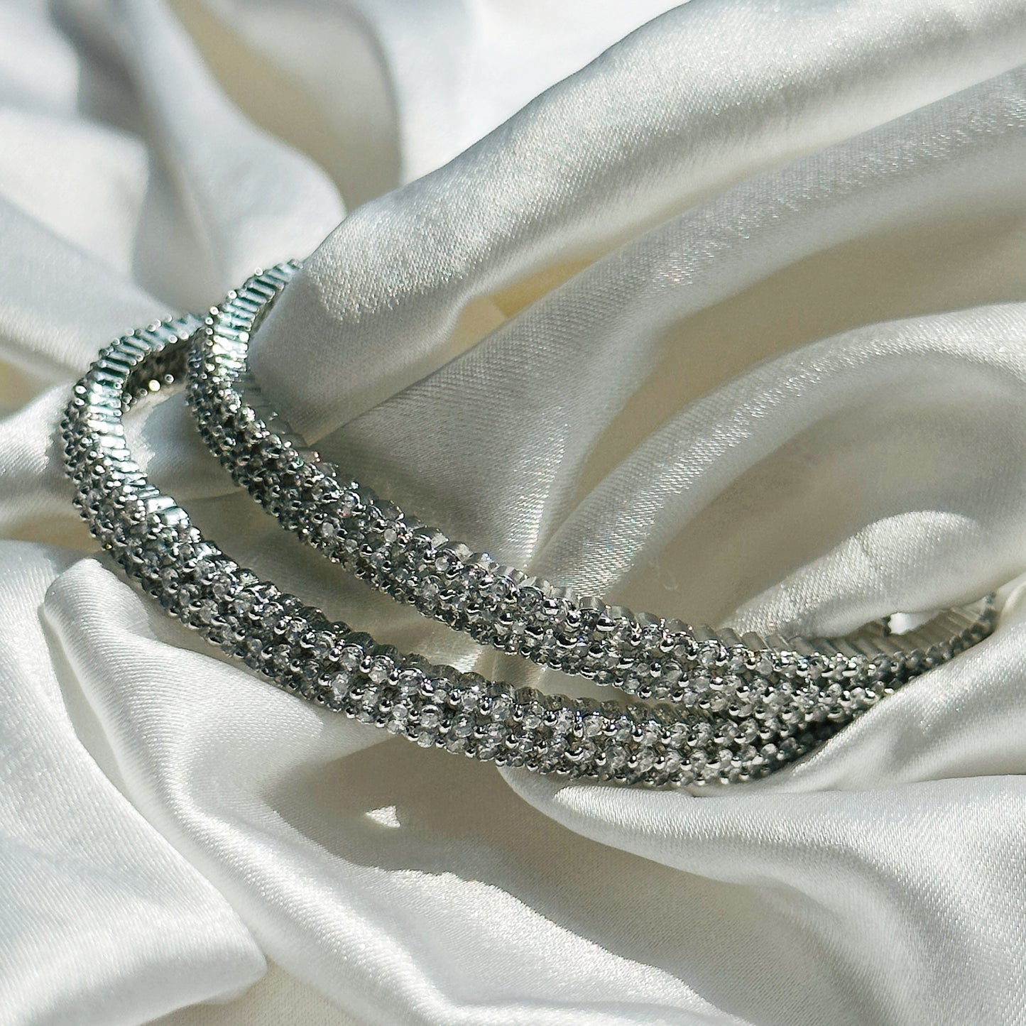 Solitaire Cubic Zirconia American Diamond Silver Plated Bangles, Set of 2