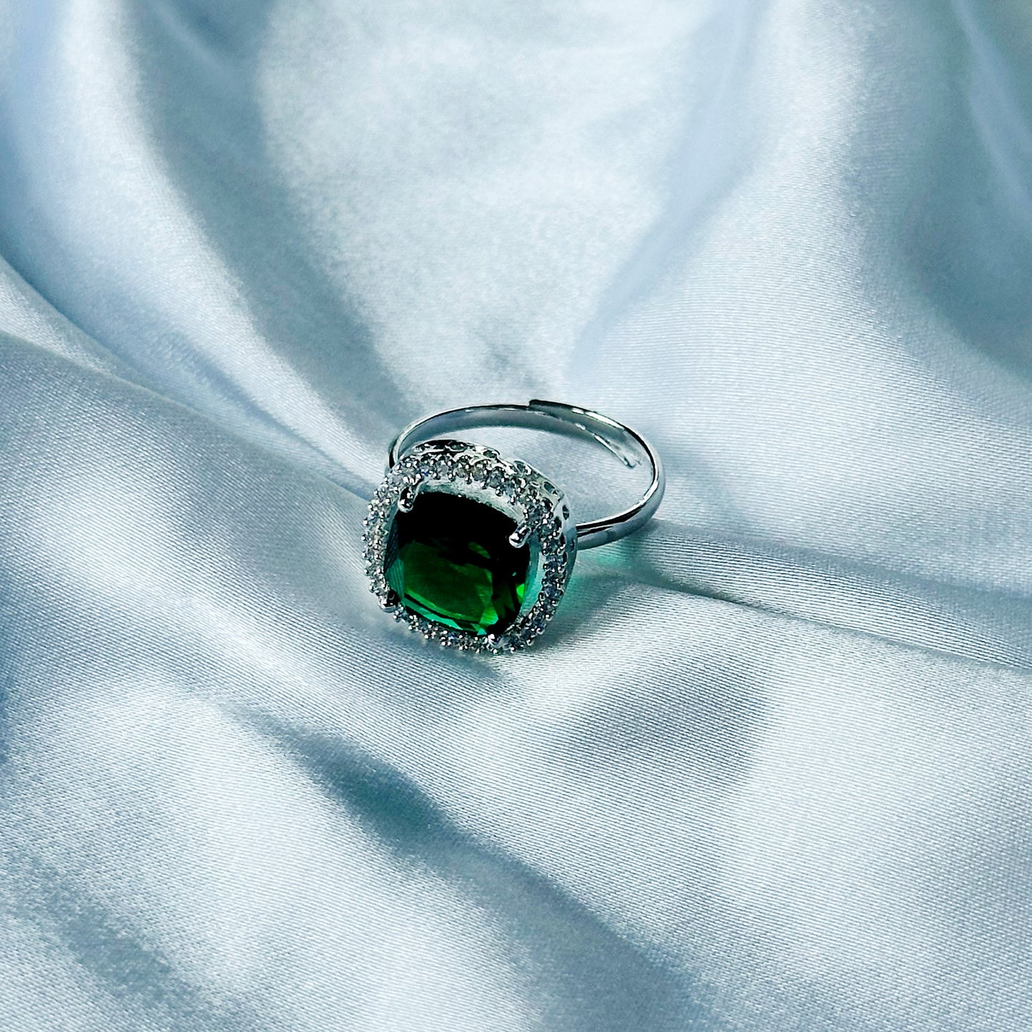 Green Emerald Cubic Zircon Stone American Diamond Silver Plated Adjustable Ring