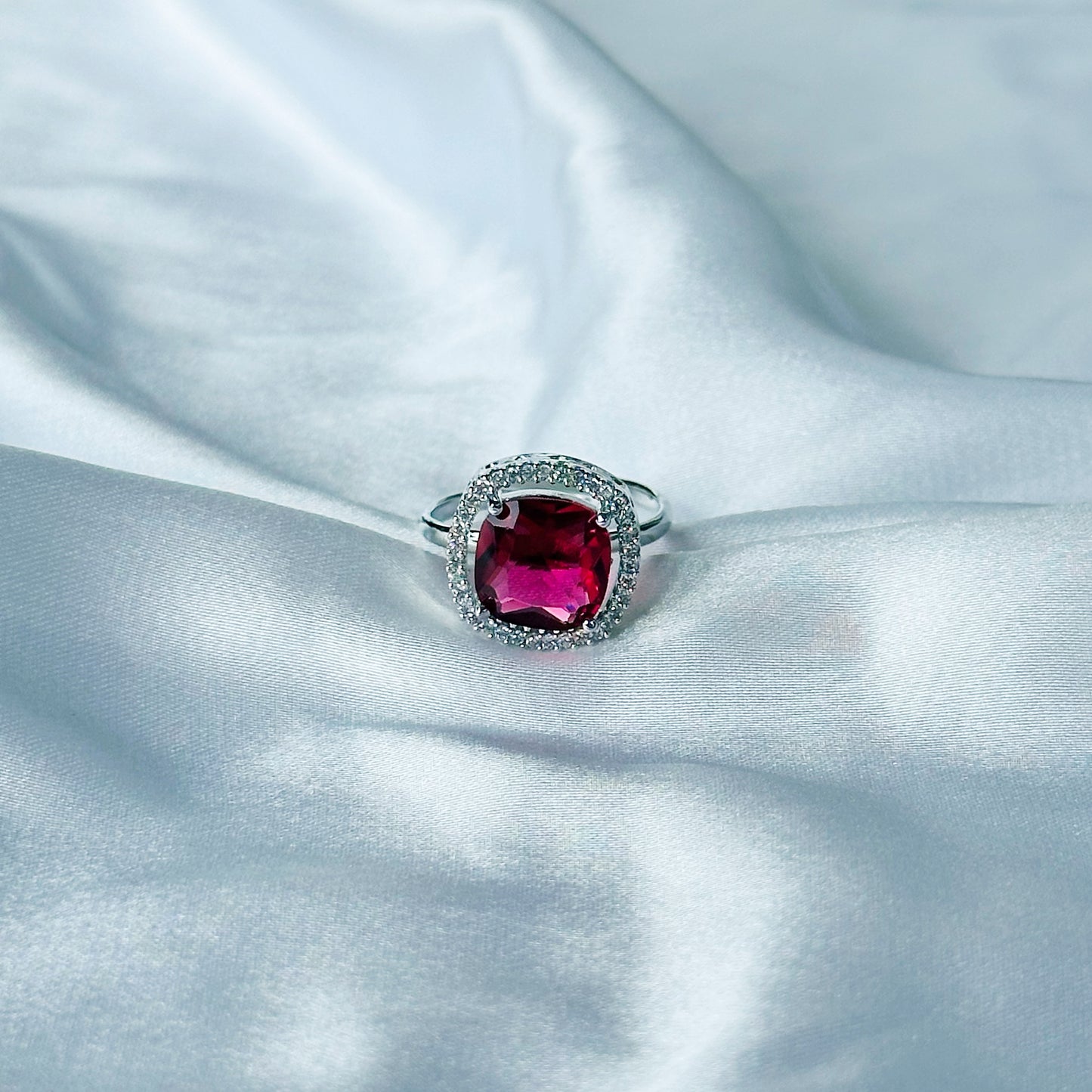 Red Ruby Cubic Zircon Stone American Diamond Silver Plated Adjustable Ring