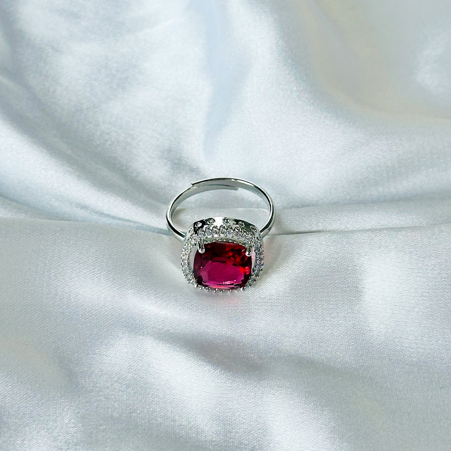 Red Ruby Cubic Zircon Stone American Diamond Silver Plated Adjustable Ring