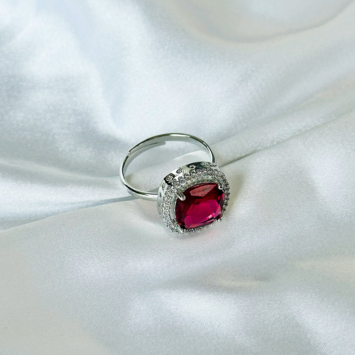 Red Ruby Cubic Zircon Stone American Diamond Silver Plated Adjustable Ring