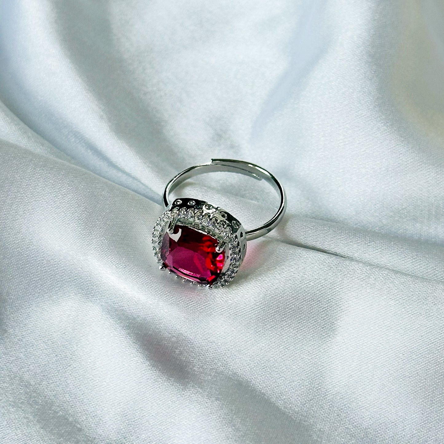 Red Ruby Cubic Zircon Stone American Diamond Silver Plated Adjustable Ring
