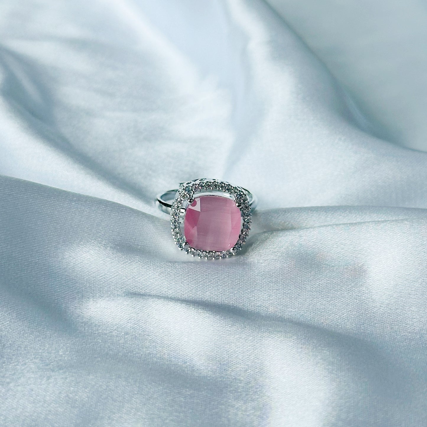 Pink Topaz Zircon Stone American Diamond Silver Plated Adjustable Ring