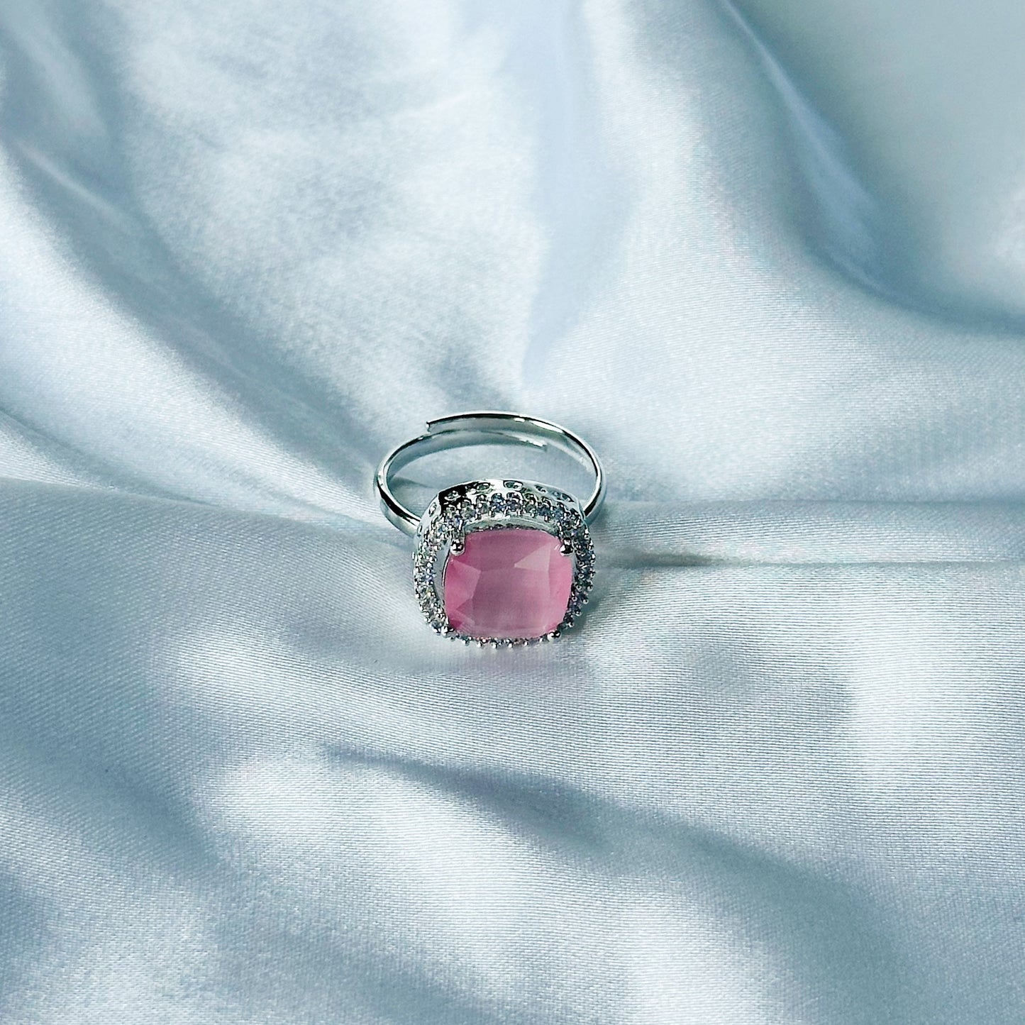 Pink Topaz Zircon Stone American Diamond Silver Plated Adjustable Ring