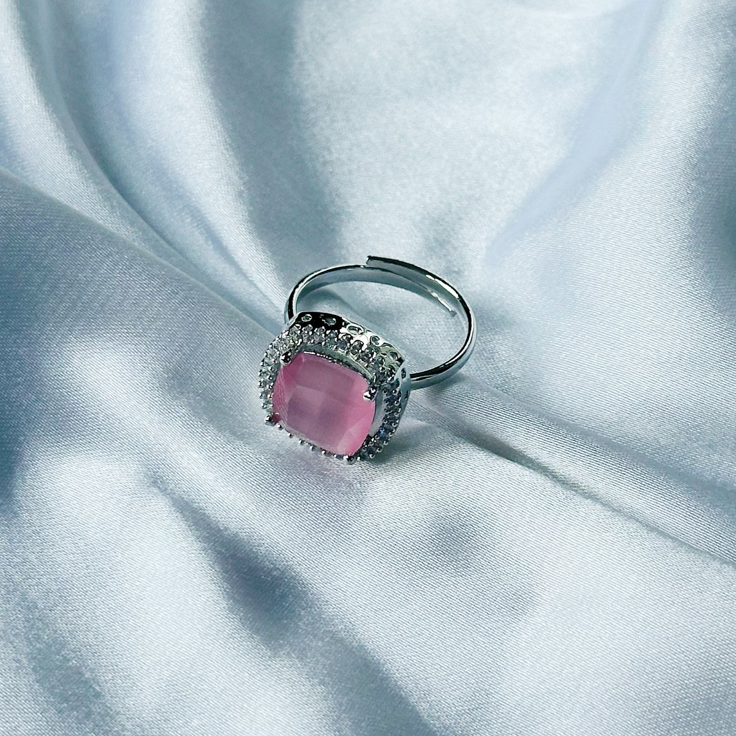 Pink Topaz Zircon Stone American Diamond Silver Plated Adjustable Ring