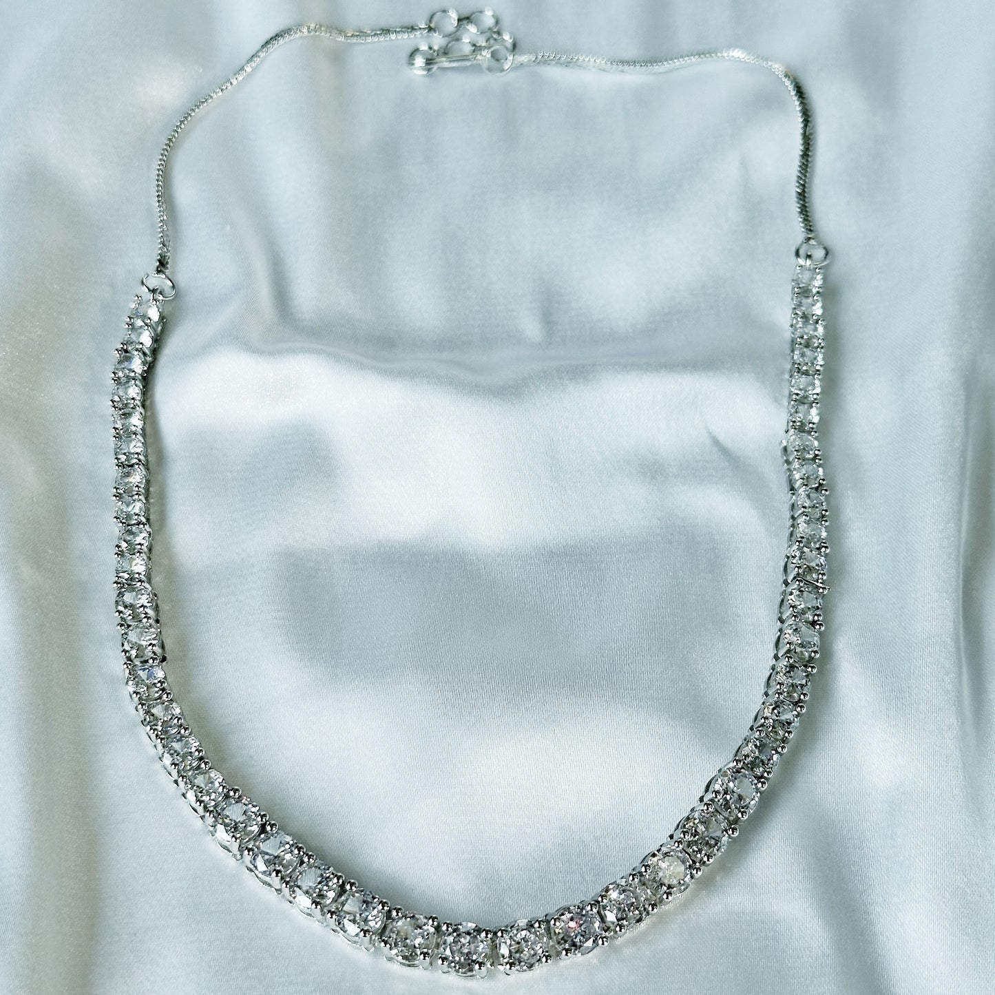 Solitaire Cubic Zircon American Diamond Silver Plated Necklace Set