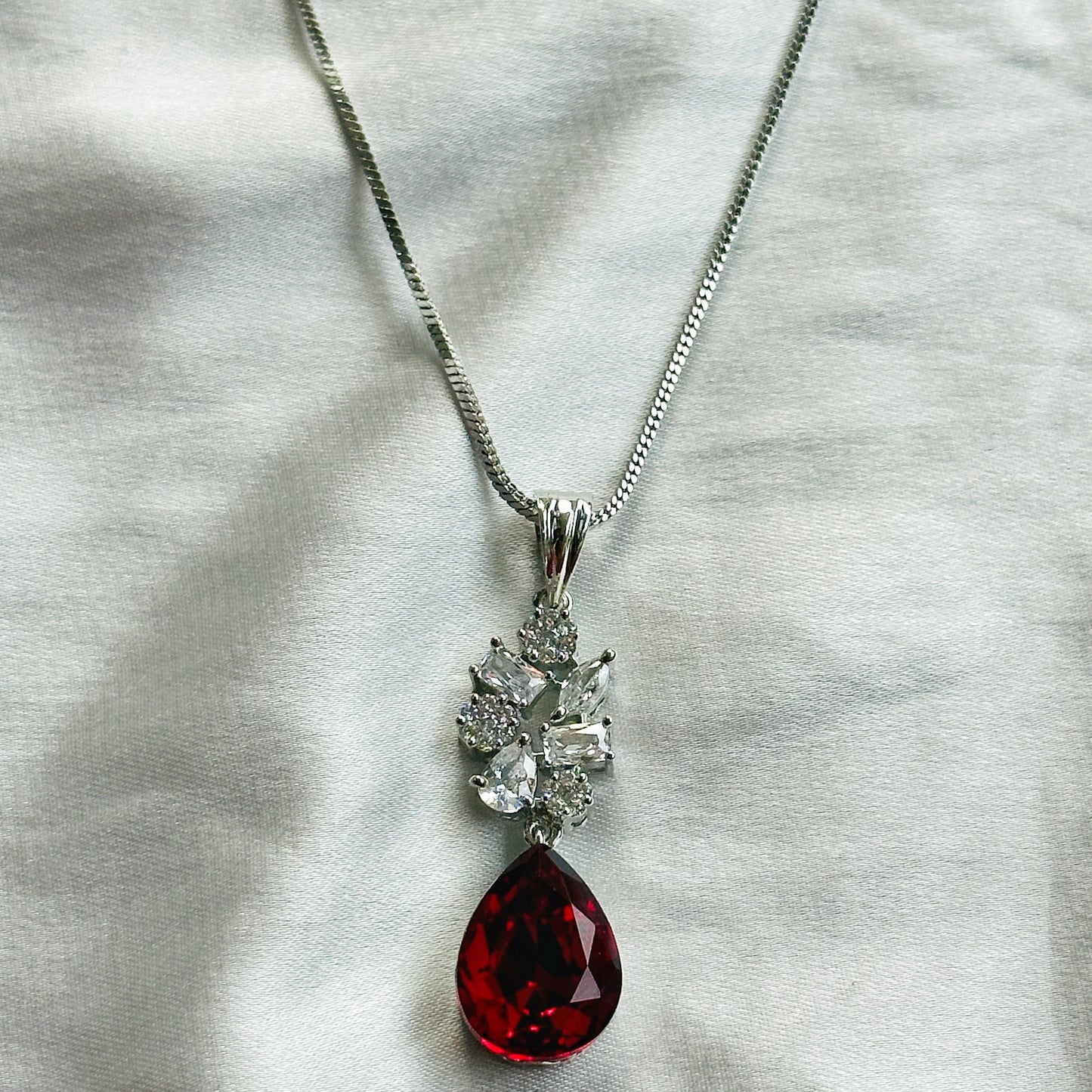 Red Siam Swarovski Crystal American Diamond Silver Plated Pendant Set