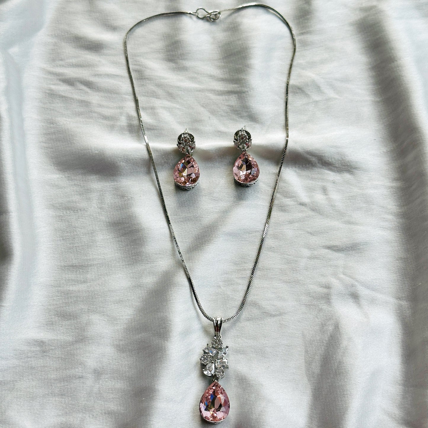 Light Pink Rose Swarovski Crystal American Diamond Silver Plated Pendant Set