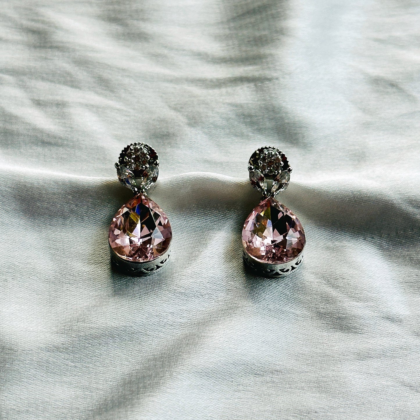 Light Pink Rose Swarovski Crystal American Diamond Silver Plated Pendant Set