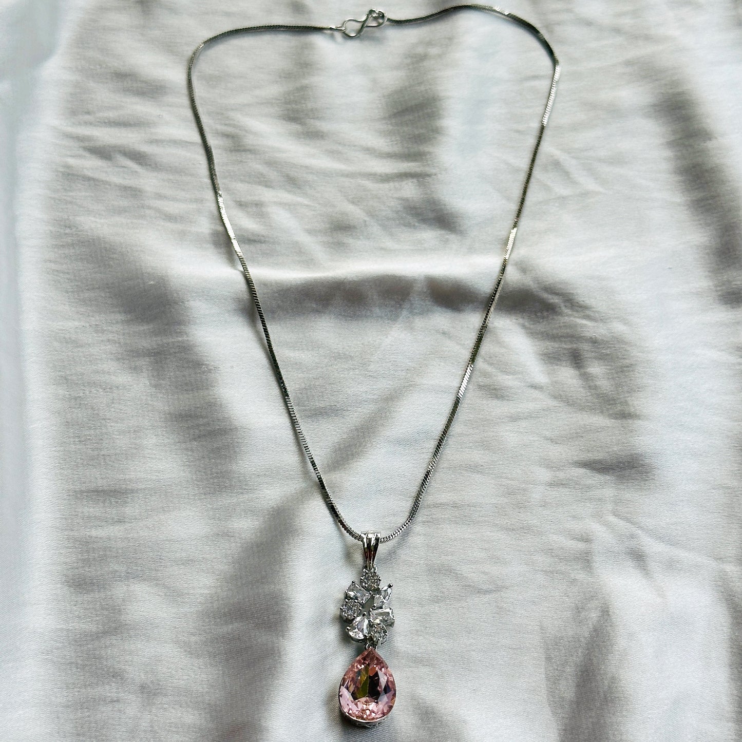 Light Pink Rose Swarovski Crystal American Diamond Silver Plated Pendant Set