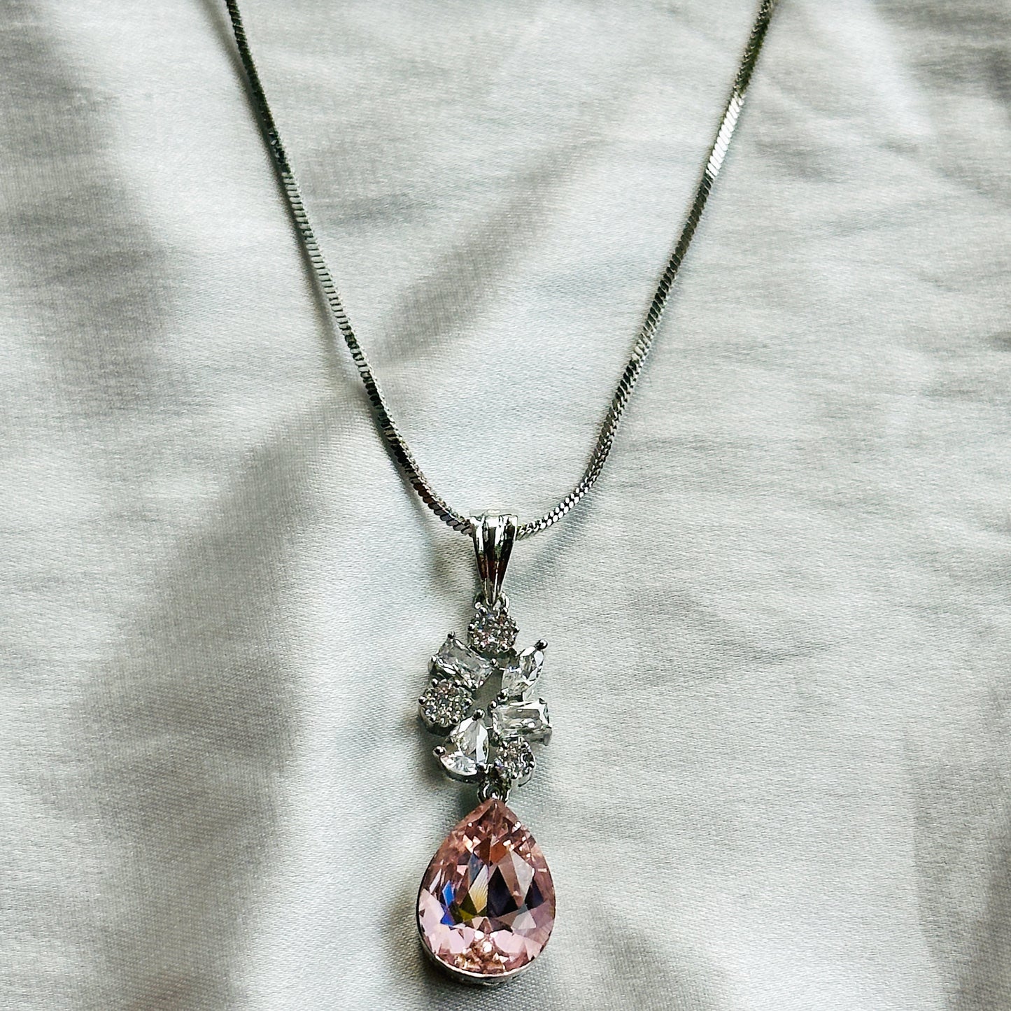 Light Pink Rose Swarovski Crystal American Diamond Silver Plated Pendant Set