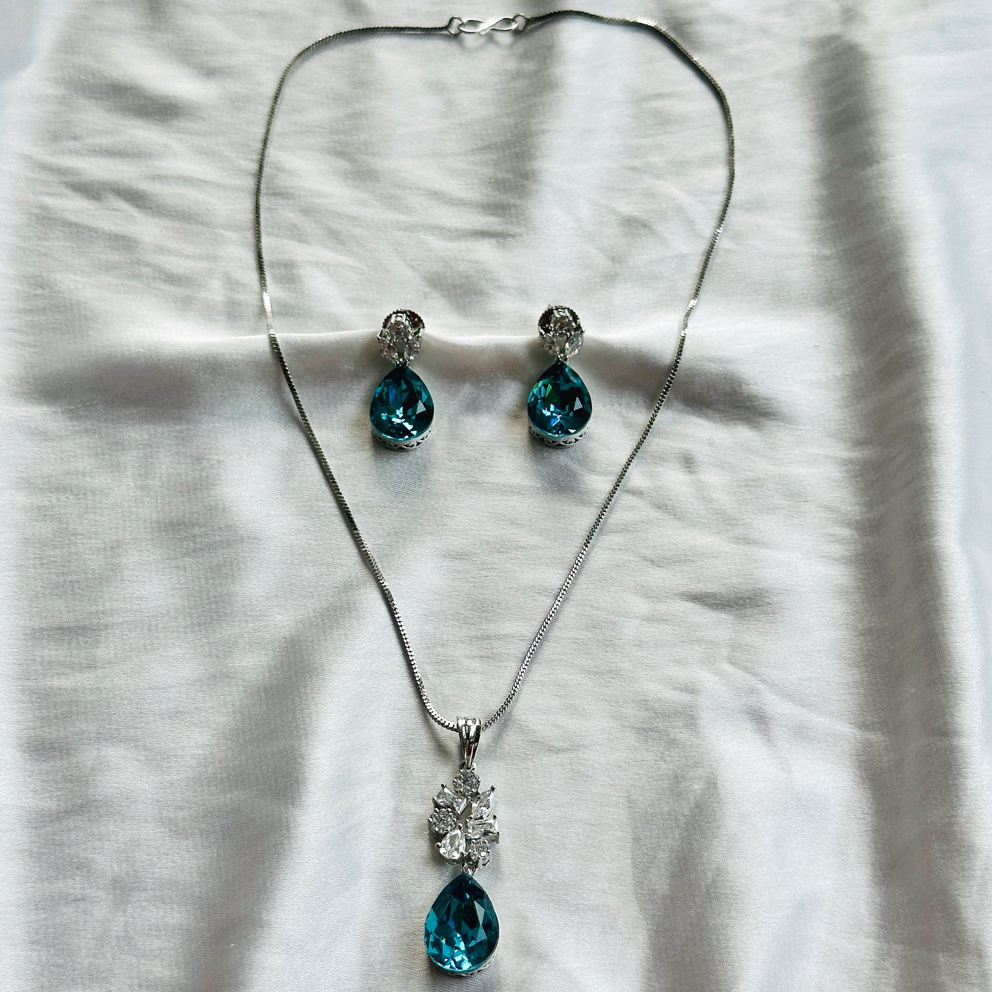 Dark Indigo Blue Swarovski Crystal American Diamond Silver Plated Pendant Set
