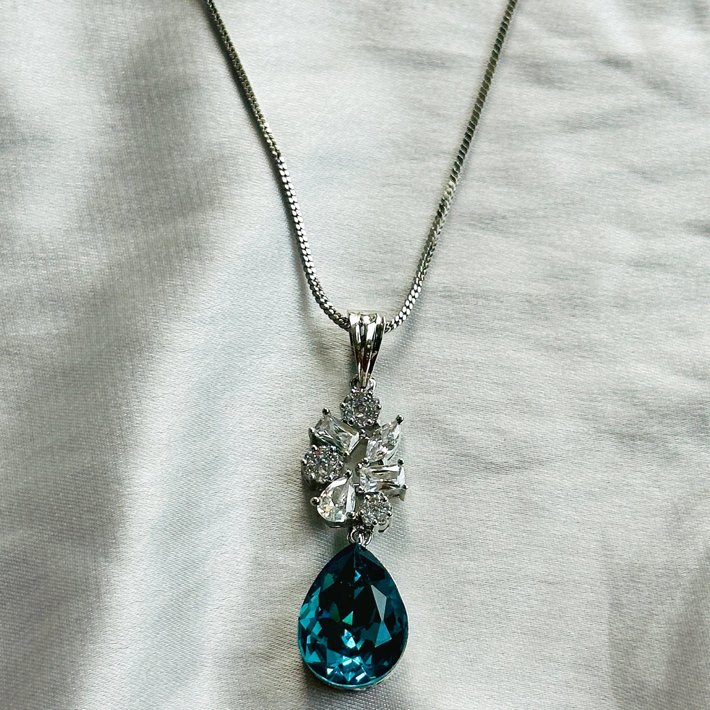 Dark Indigo Blue Swarovski Crystal American Diamond Silver Plated Pendant Set